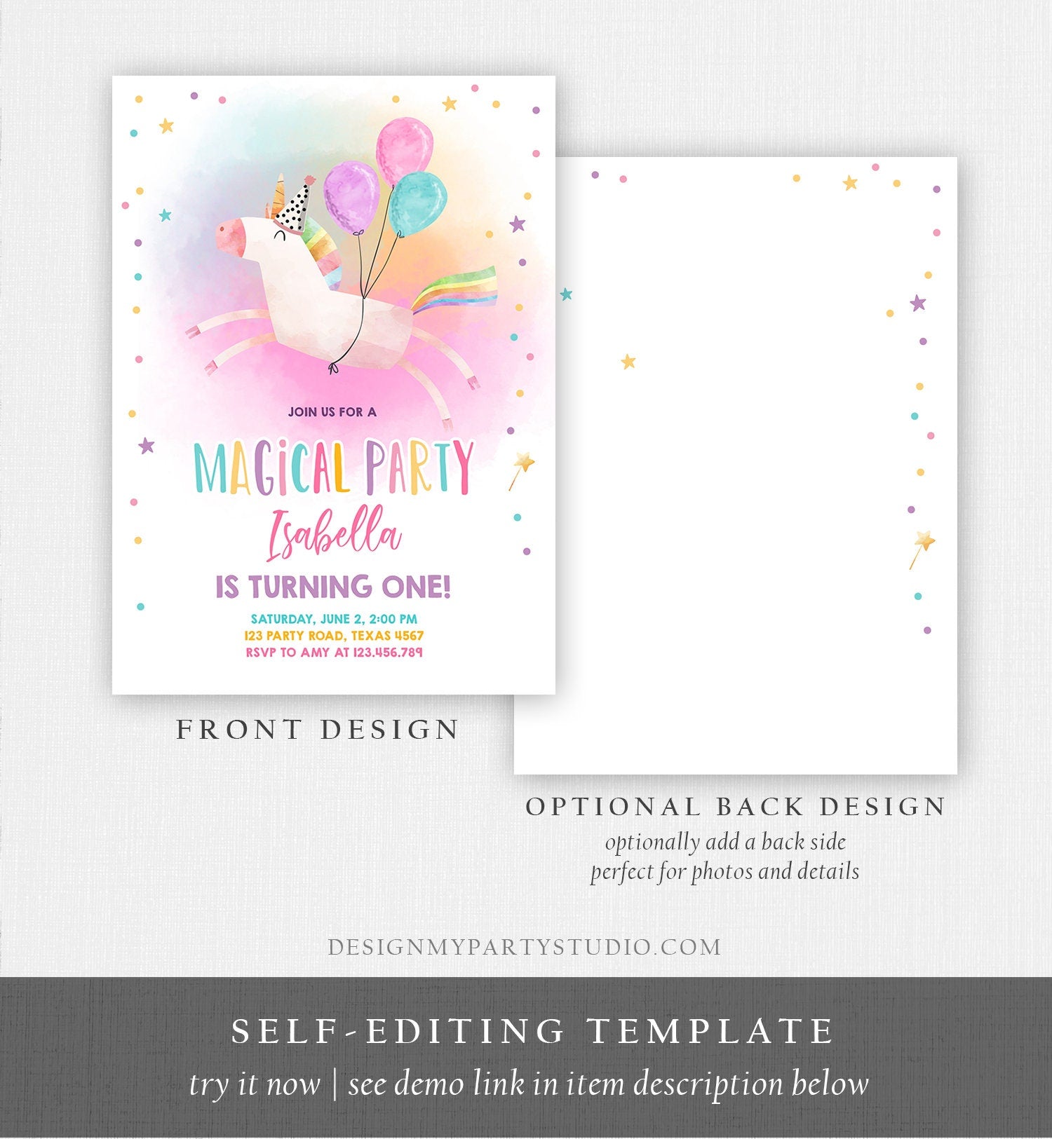 Editable Unicorn Birthday Invitation Magical Party Invite Girl Pink First Birthday Digital Invite Template Rainbow Download Corjl 0336