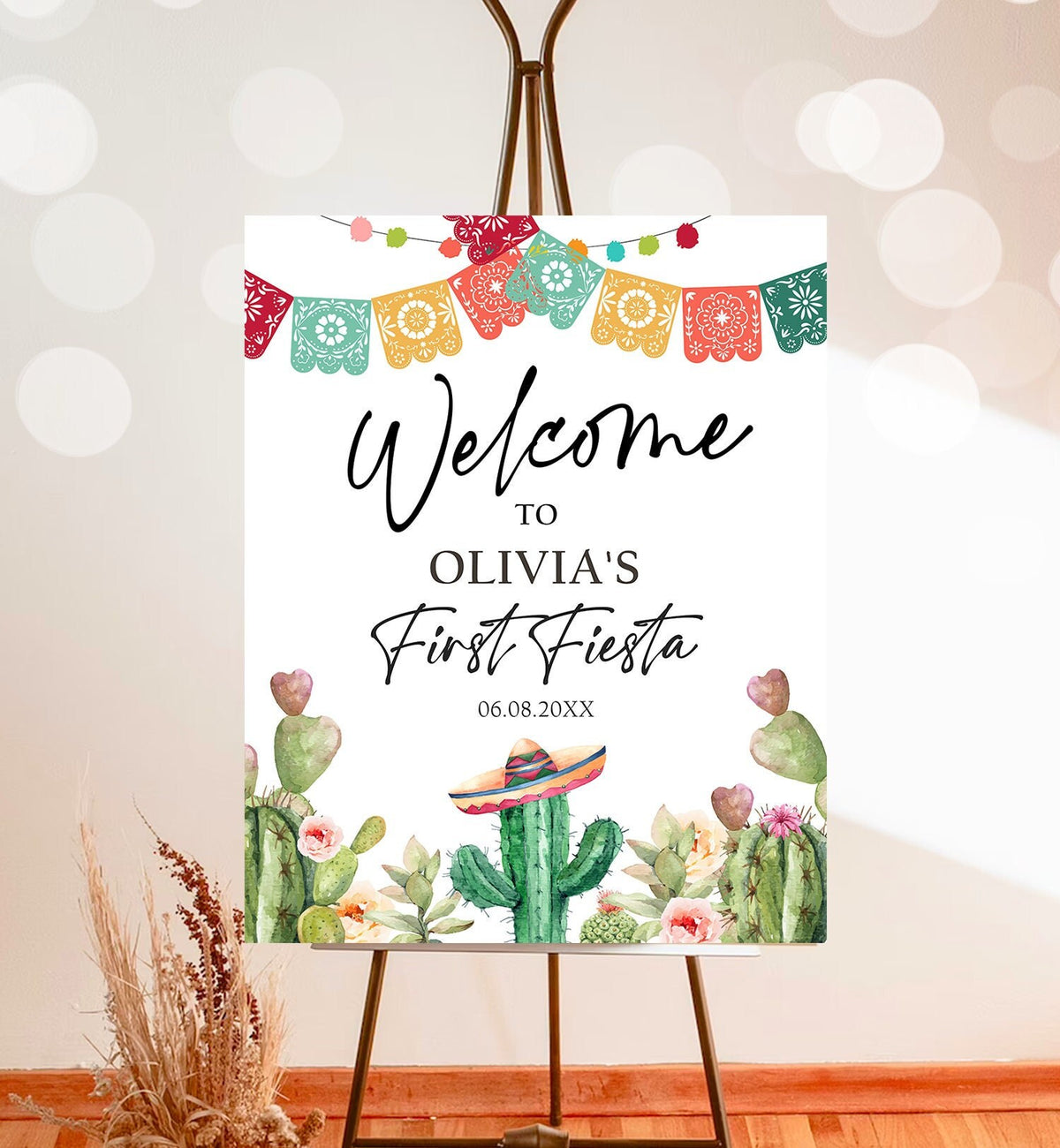 Editable Fiesta Cactus Welcome Sign First Fiesta Birthday Welcome Desert Mexican Succulent 1st Succulent Corjl Template Printable 0404