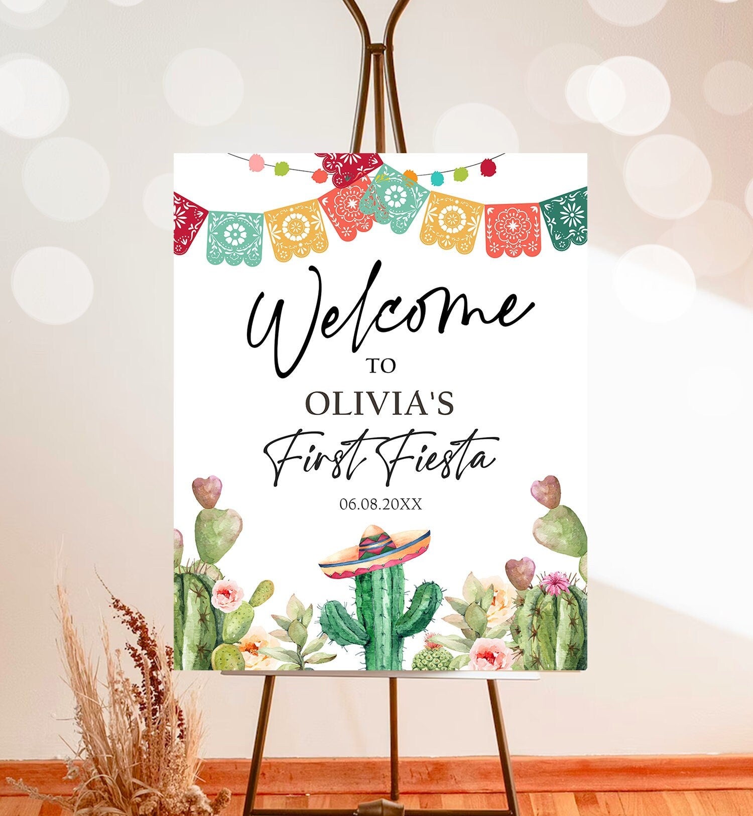 Editable Fiesta Cactus Welcome Sign First Fiesta Birthday Welcome Desert Mexican Succulent 1st Succulent Corjl Template Printable 0404