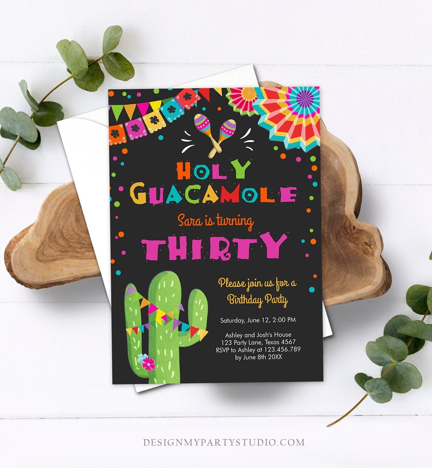 Editable ANY AGE Fiesta Birthday Invitation Holy Guacamole Adult Mexican Thirty Birthday Party Cactus 30th Corjl Template Printable 0045