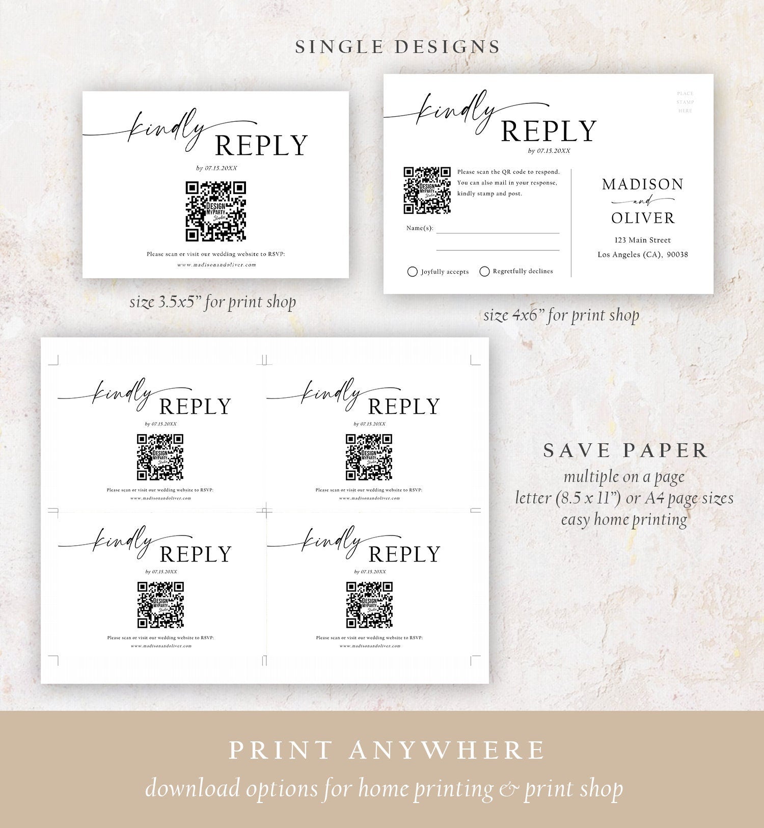 Editable Minimalist Modern Wedding RSVP Card RSVP Online QR Code Response Card Boho Rustic Modern Calligraphy Template Printable 0493