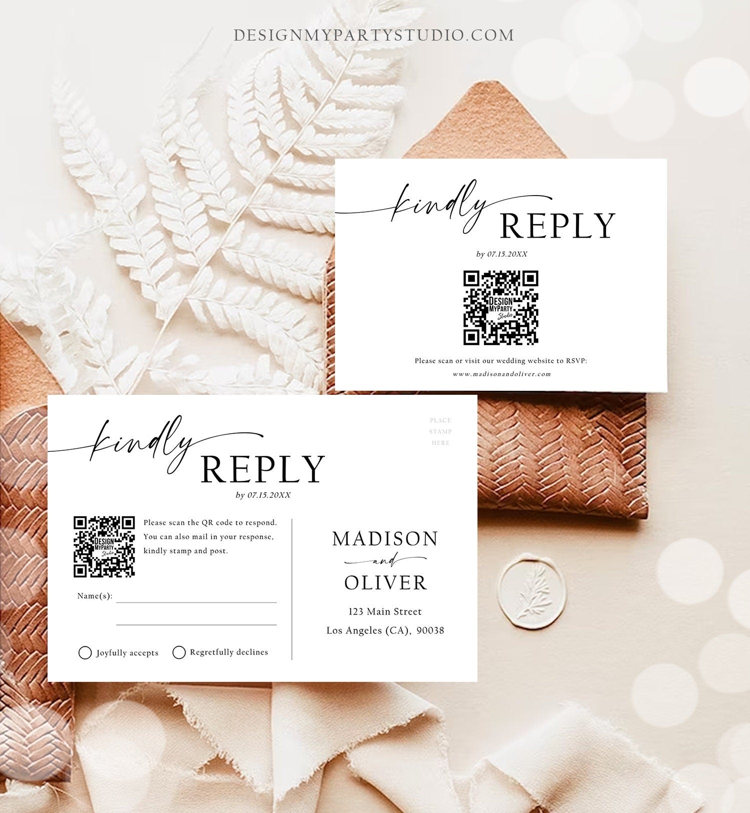 Editable Minimalist Modern Wedding RSVP Card RSVP Online QR Code Response Card Boho Rustic Modern Calligraphy Template Printable 0493