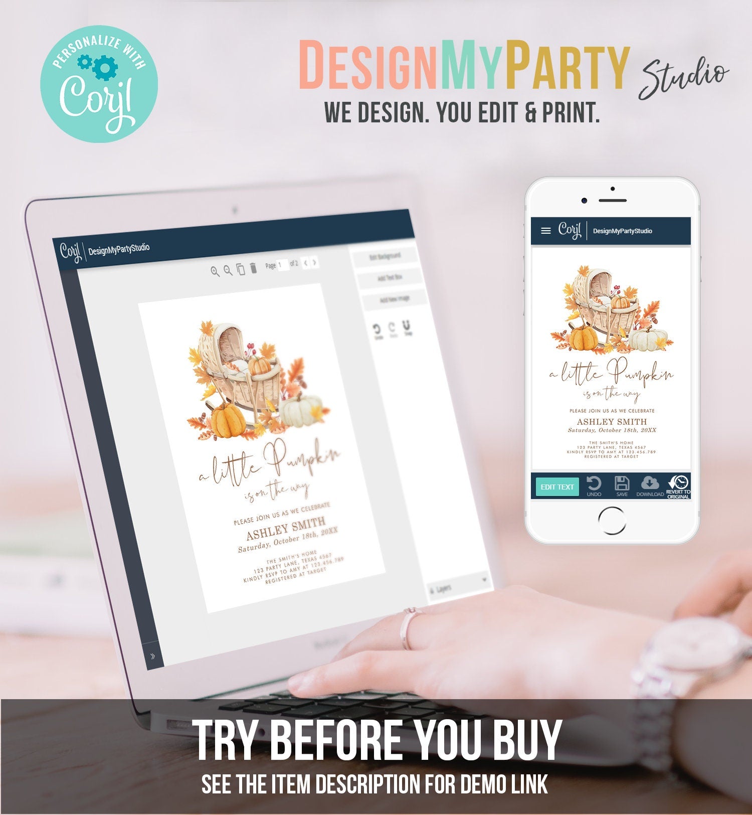 Editable Little Pumpkin Baby Shower Invitation Falling in Love Baby Shower Gender Neutral Autumn Floral Crib Digital Template Printable 0487