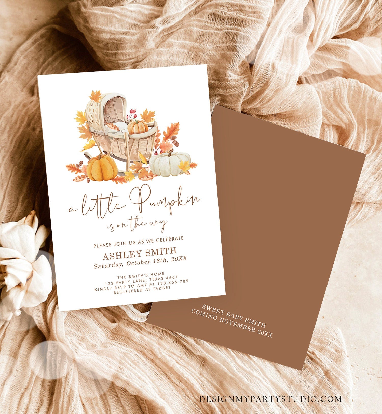 Editable Little Pumpkin Baby Shower Invitation Falling in Love Baby Shower Gender Neutral Autumn Floral Crib Digital Template Printable 0487