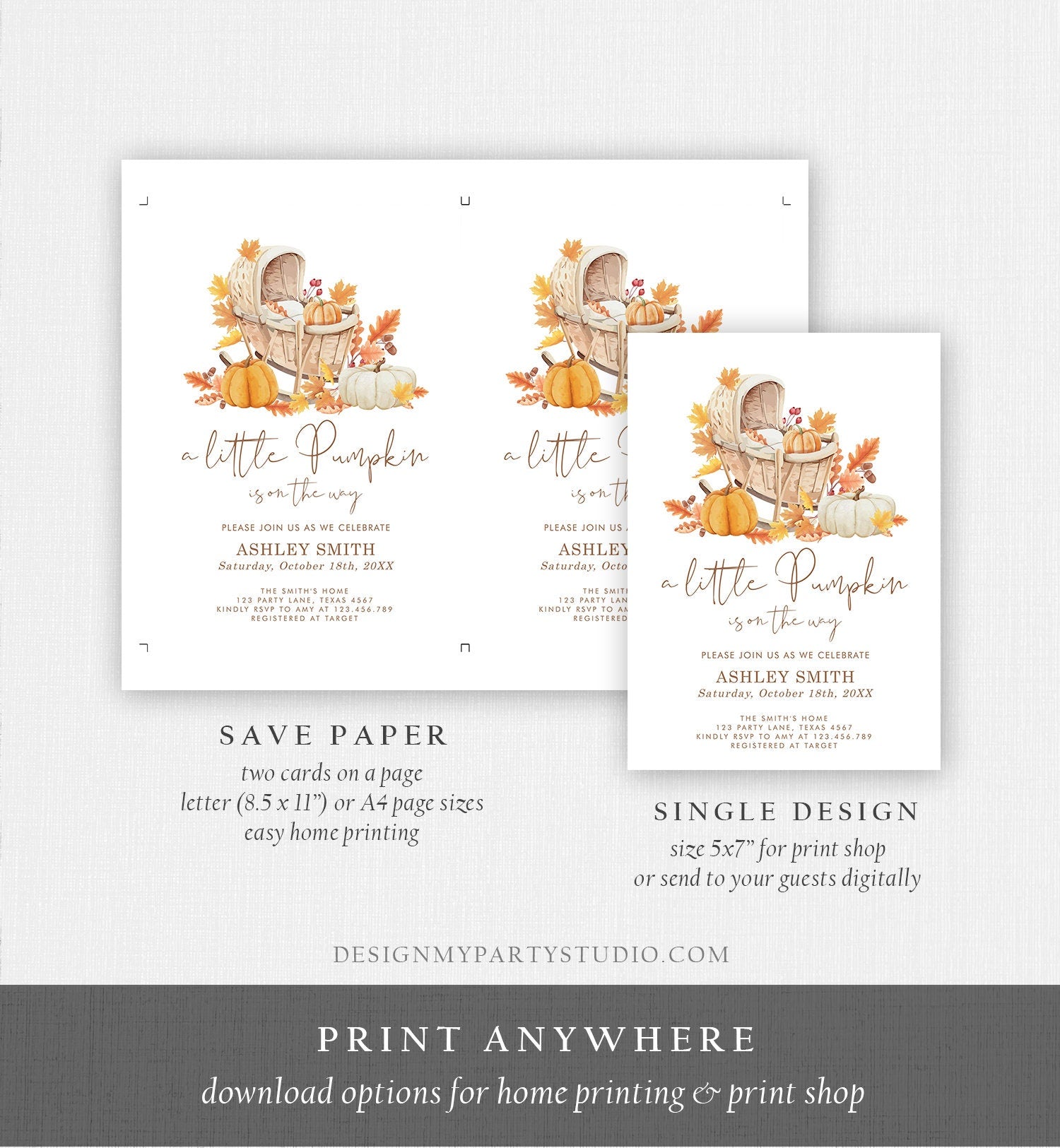 Editable Little Pumpkin Baby Shower Invitation Falling in Love Baby Shower Gender Neutral Autumn Floral Crib Digital Template Printable 0487