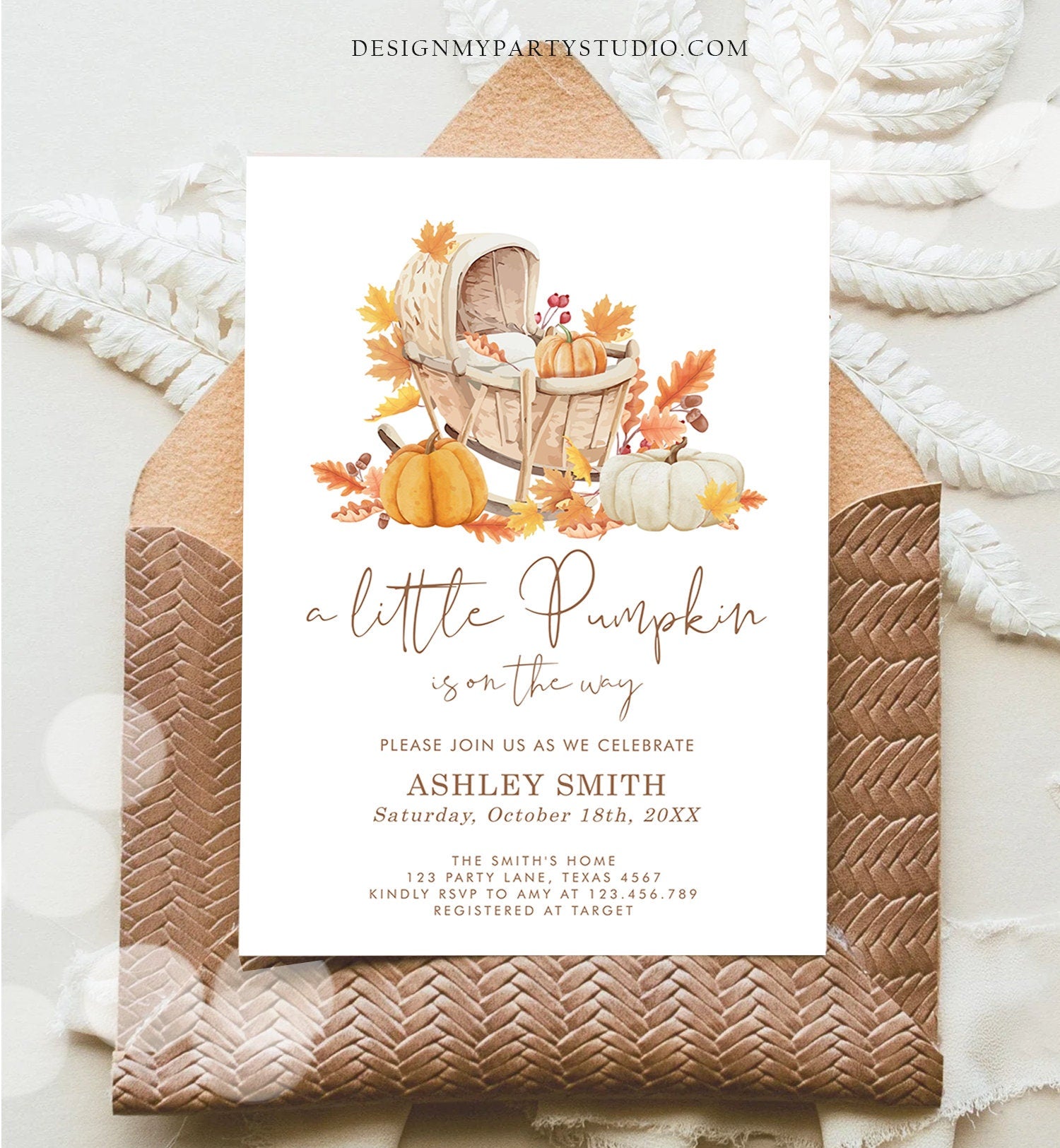 Editable Little Pumpkin Baby Shower Invitation Falling in Love Baby Shower Gender Neutral Autumn Floral Crib Digital Template Printable 0487