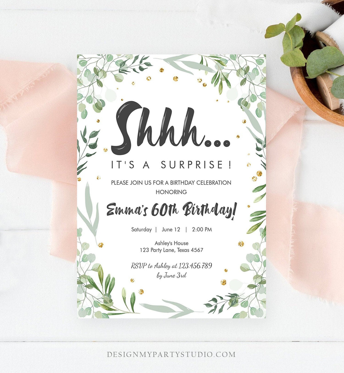 Editable Greenery Surprise Birthday Invitation ANY AGE Shhh Its It&amp;#39;s A Surprise 30th 50th 60th Birthday Party Corjl Template Printable 0253