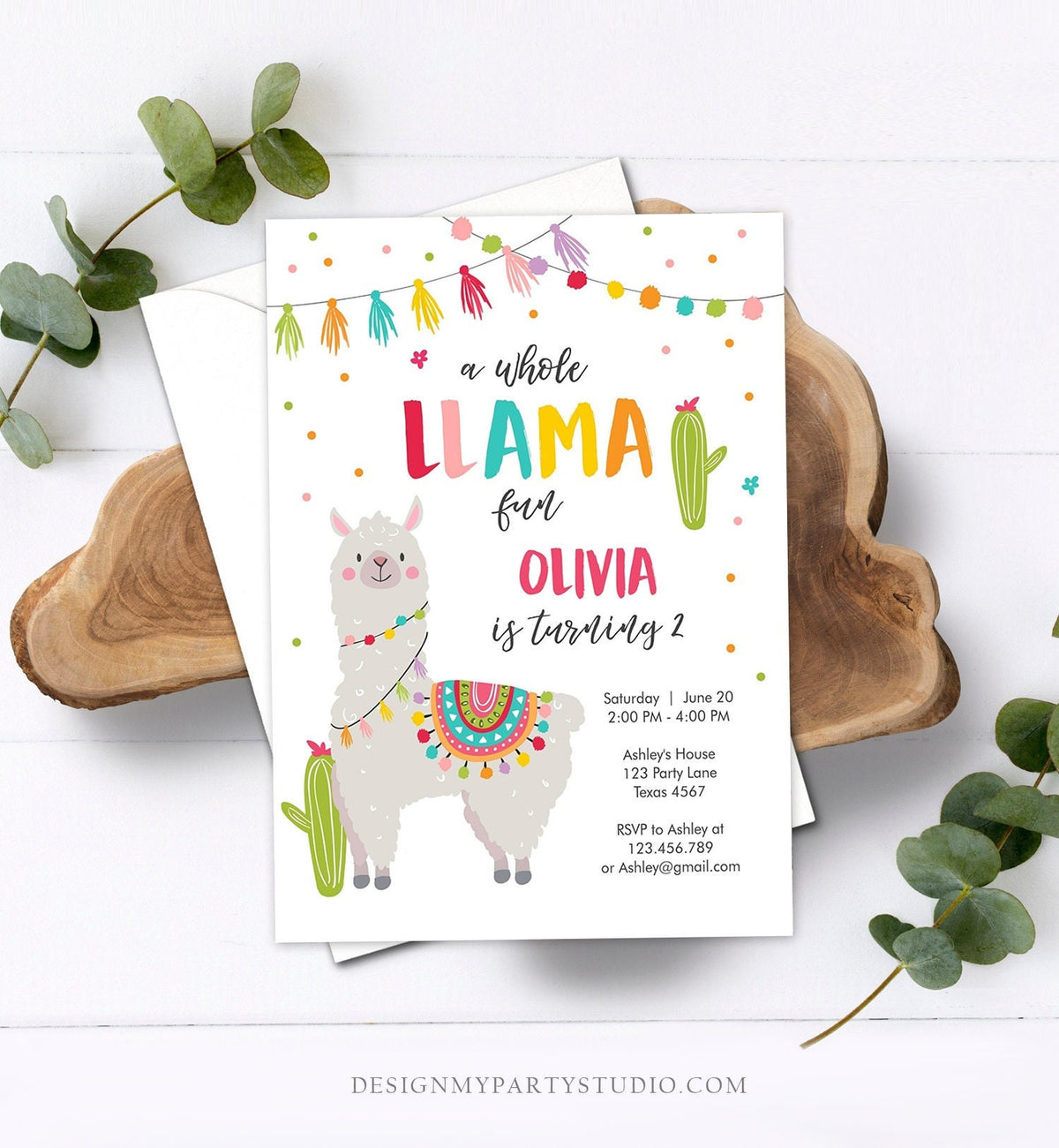 Editable Whole Llama Fun Birthday Invitation Fiesta Mexican Cactus Alpaca Girl Pink Party Instant Download Printable Corjl Template 0079