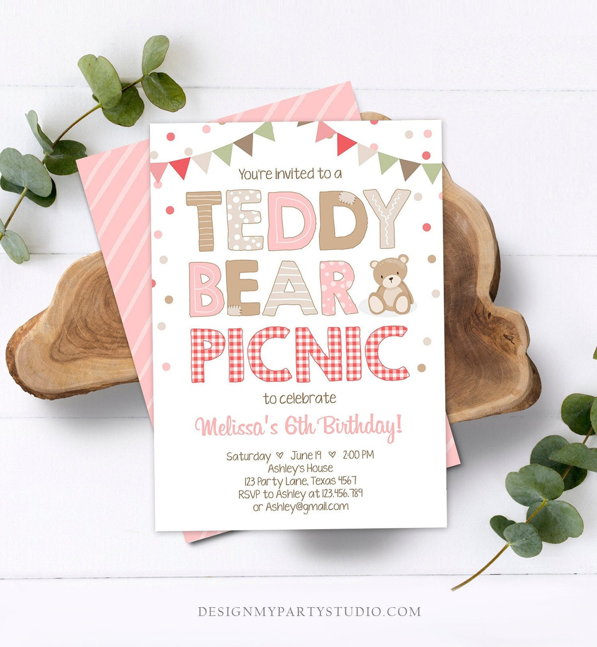 Editable Teddy Bear Picnic Birthday Invitation Girl Pink Red Gingham Bear Picnic Summer Outdoor Party Printable Digital Corjl Template 0100