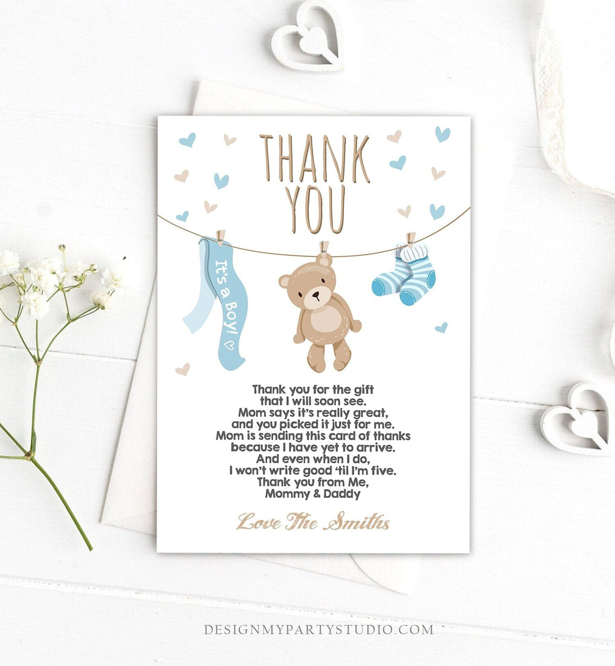 Editable Teddy Bear Thank You Card Baby Shower Thank You Note Boy Blue Woodland Animals Download Digital Corjl Template Printable 0025