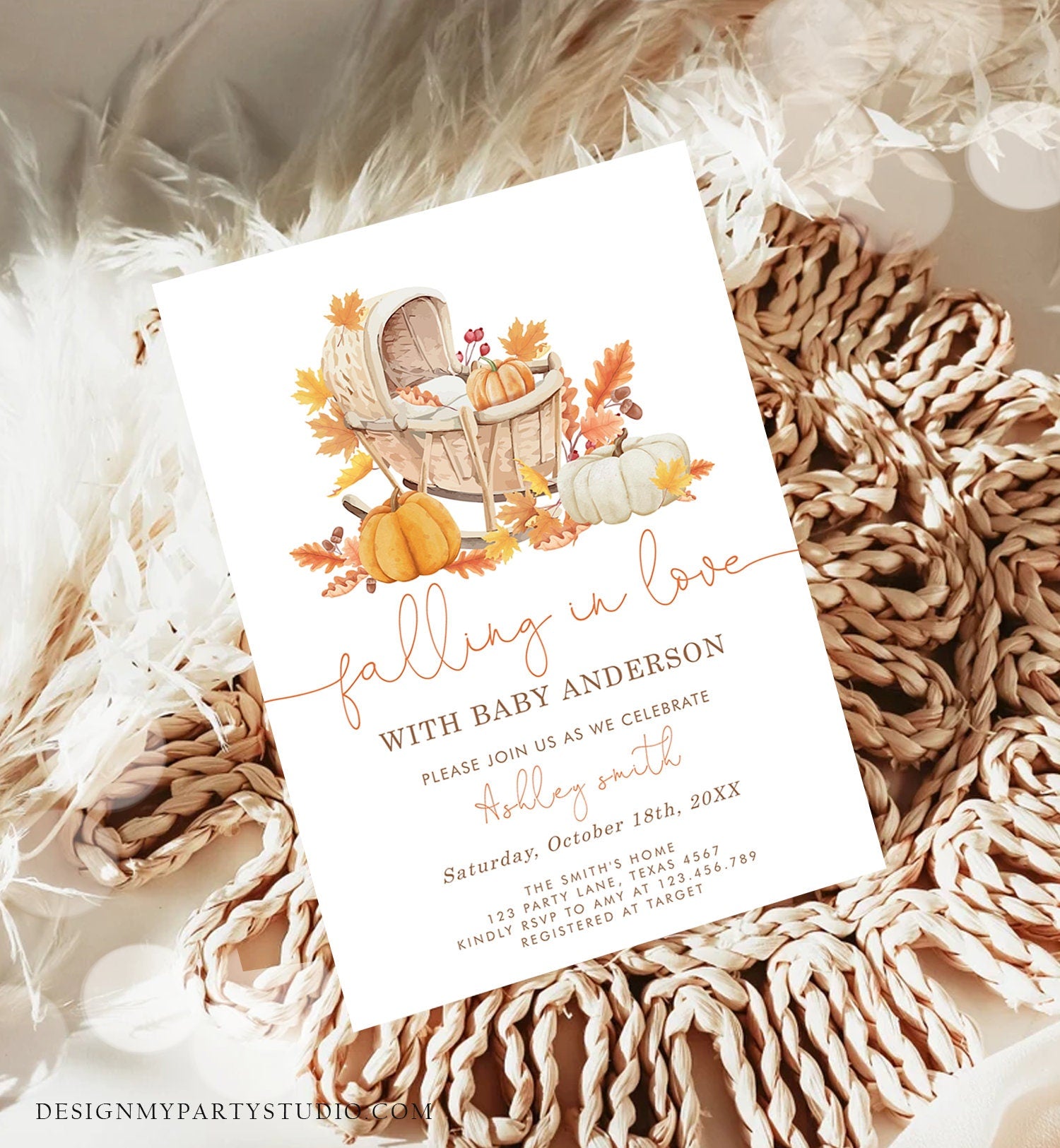 Editable Falling in Love Baby Shower Invitation Little Pumpkin Baby Shower Gender Neutral Autumn Floral Crib Corjl Template Printable 0487