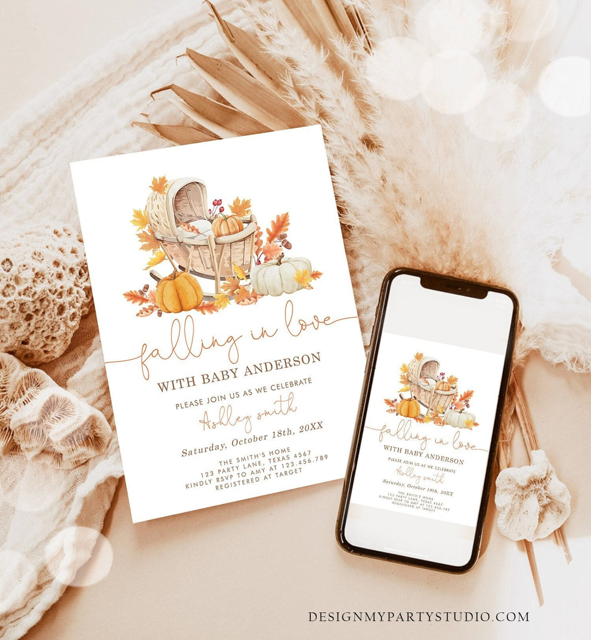 Editable Falling in Love Baby Shower Invitation Little Pumpkin Baby Shower Gender Neutral Autumn Floral Crib Corjl Template Printable 0487