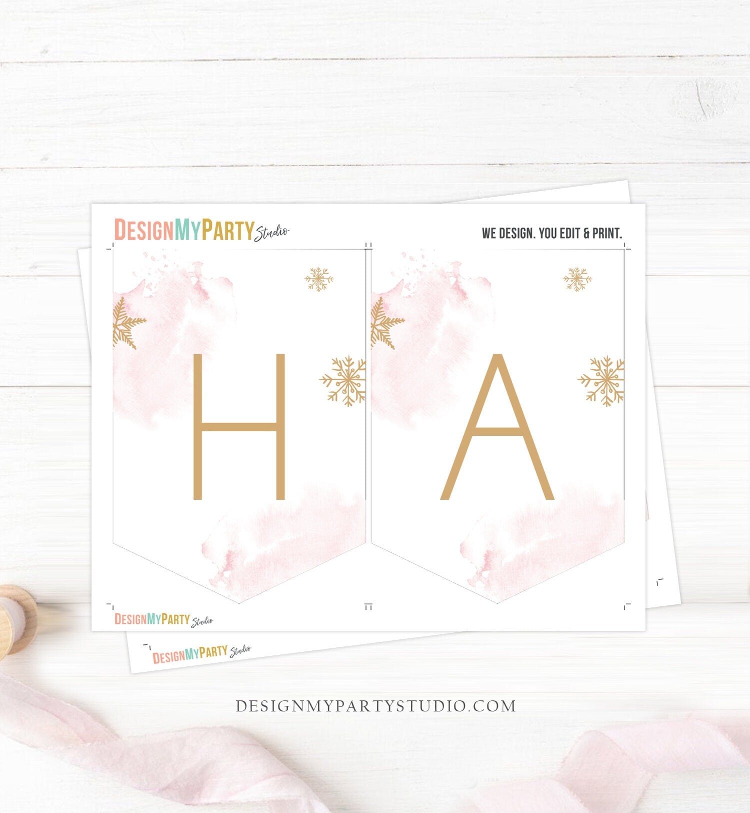 Happy Birthday Banner Winter Tree Birthday Girl Winter Onederland Magical Winter Christmas Gold Pink Download PRINTABLE DIGITAL DIY 0363