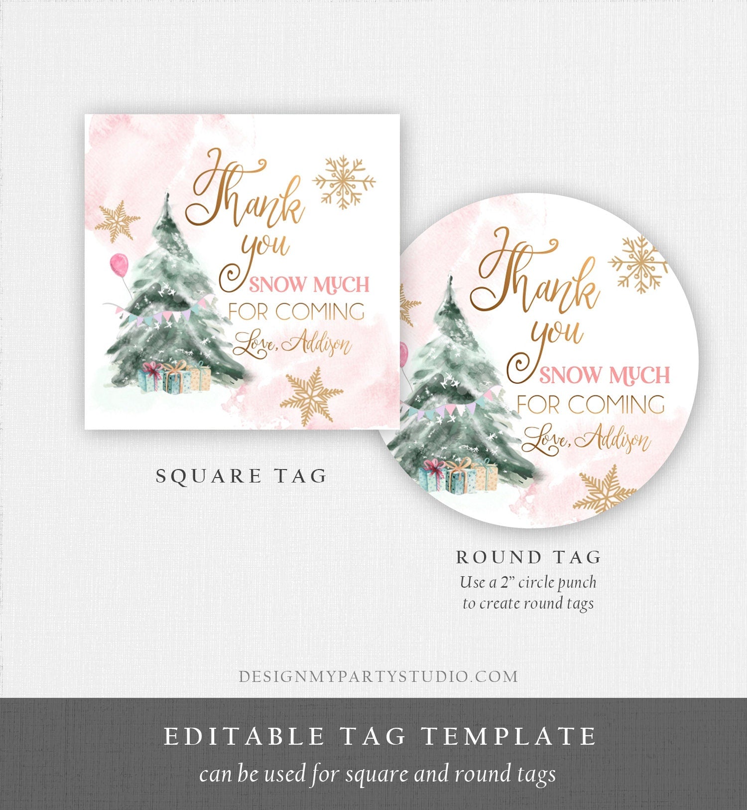 Editable Winter Tree Thank You Tag Winter Onederland Girl Christmas Thank You Snow Much Birthday Pink Gold Gift Corjl Printable 0363