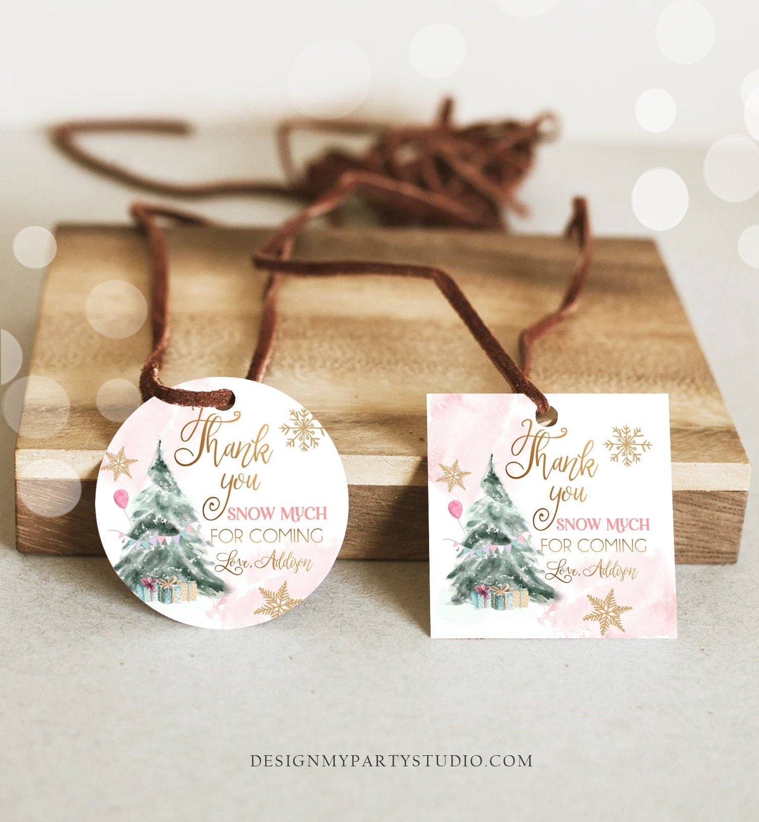 Editable Winter Tree Thank You Tag Winter Onederland Girl Christmas Thank You Snow Much Birthday Pink Gold Gift Corjl Printable 0363