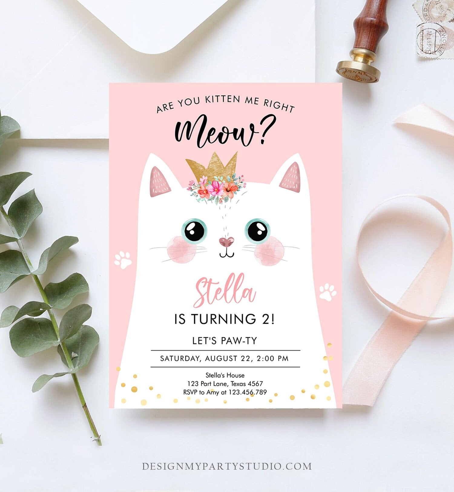 Editable Kitten Birthday Invitation Kitty Cat birthday Party Cat Invite Are You Kitten Me Pink Girl Download Printable Digital Corjl 0381