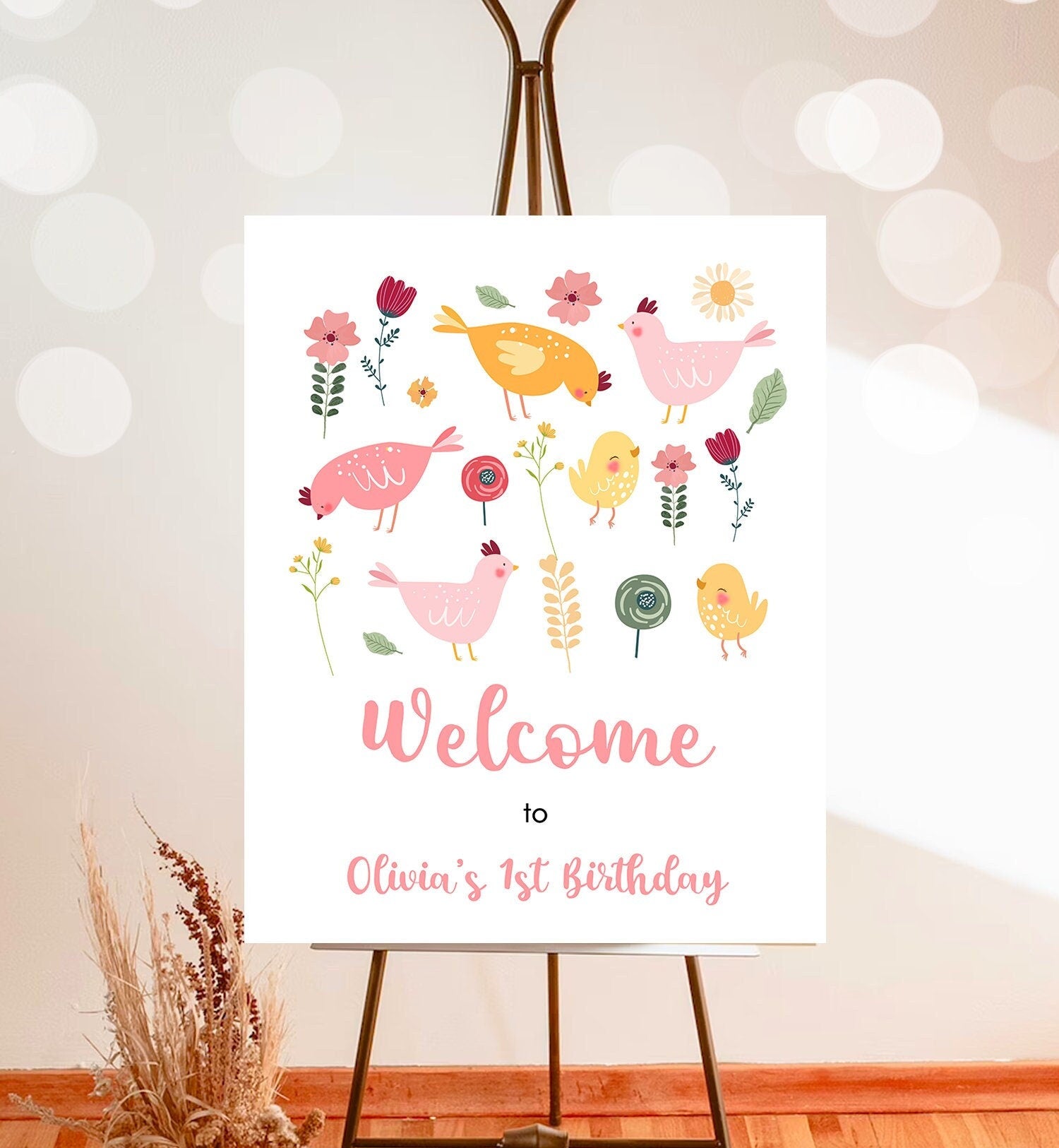 Editable Little Chick Birthday Welcome Sign Barnyard Birthday Girl Spring Birthday Farm Animals Chicken Easter Template Corjl PRINTABLE 0446