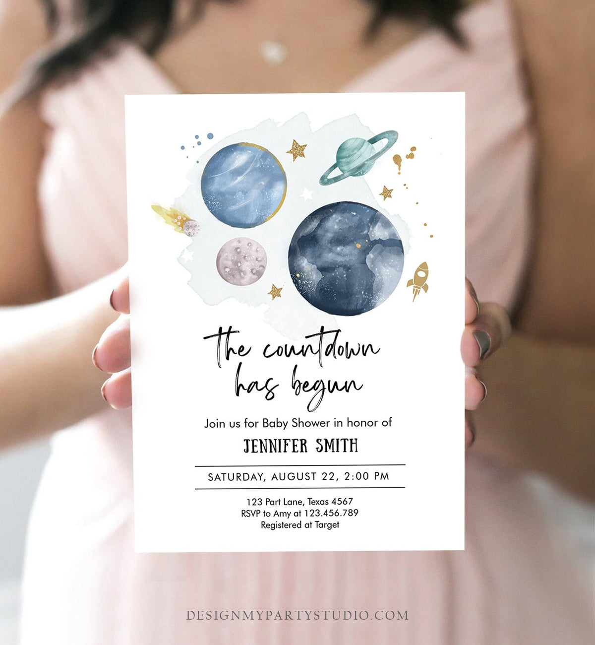 Editable Space Baby Shower Invitation Galaxy Outer Space It&#39;s a Boy Blue Planets Moon Countdown Invite Template Instant Download Corjl 0357