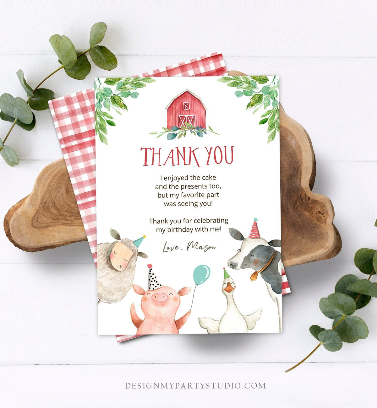 Editable Farm Animals Thank You Card Boy Birthday Red Gingham Party Animals Barnyard Thank You Note Digital Download Template Printable 0155