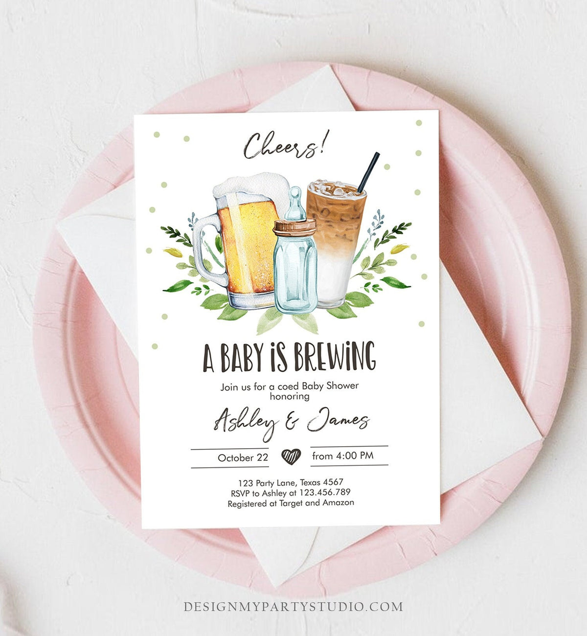 Editable A Baby is Brewing Invitation Bottle and Beers Baby Shower Coed Couples Cold Brew Coffee Download Printable Template Corjl 0190