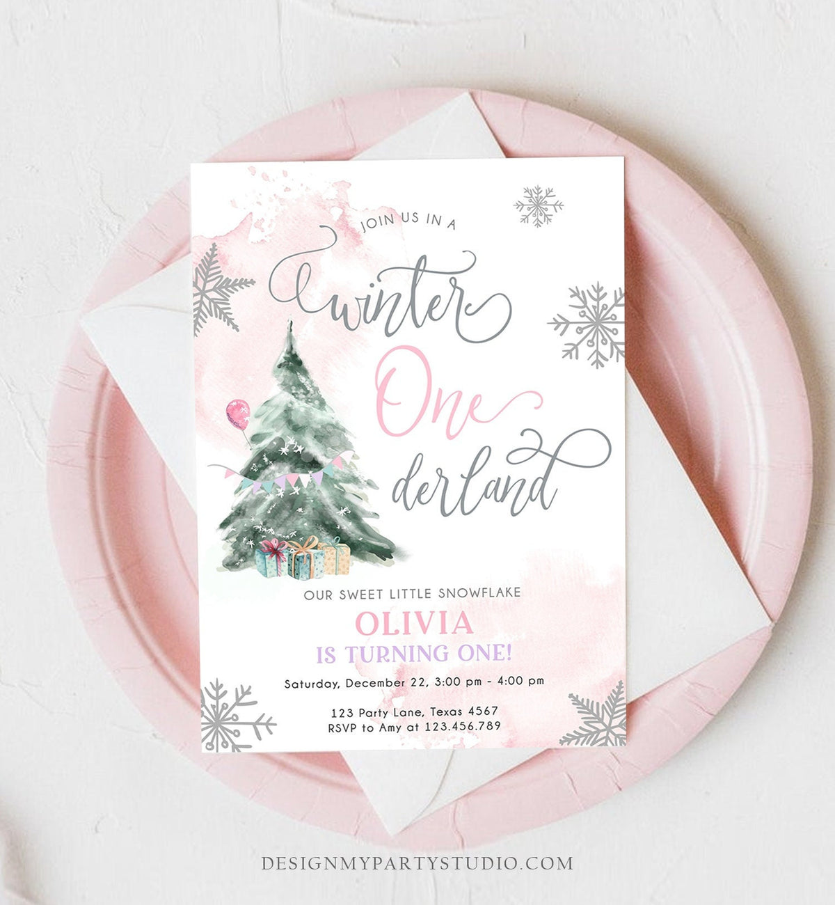 Editable Winter ONEderland Birthday Invitation First Birthday 1st Girl Pink Snow Watercolor Tree Christmas Snowflake Corjl Template 0363