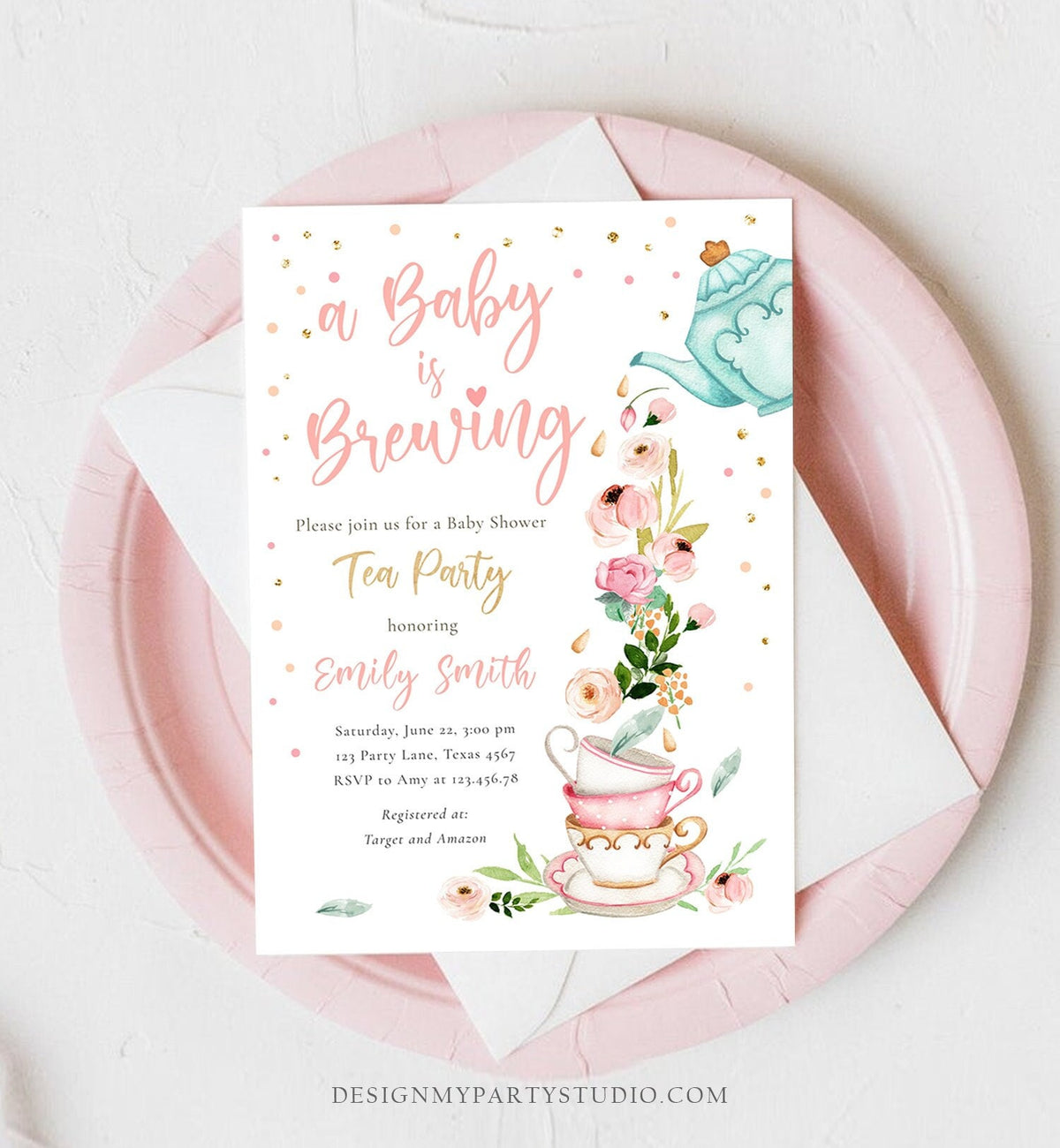 Editable Tea Party Baby Shower Invitation Tea Shower Sprinkle Floral Pink Gold Blush Brunch Bubbly Download Corjl Template Printable 0349