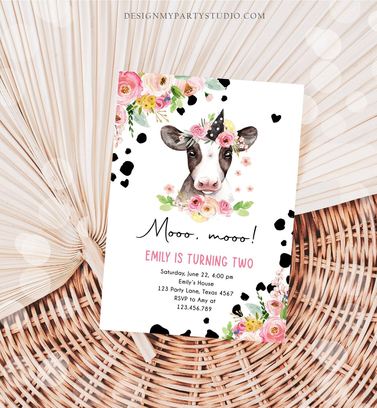 Editable Cow Birthday Invitation Girl Farm Animals Pink Floral Barnyard Party Holy Cow Mooo Two 2nd Download Printable Template Corjl 0434