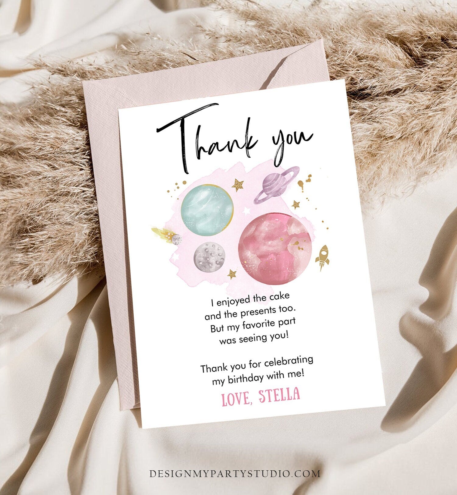 Editable Space Birthday Thank You Card Girl Space Astronaut To the Moon Galaxy Thank You Note Download Printable Template Digital Corjl 0357