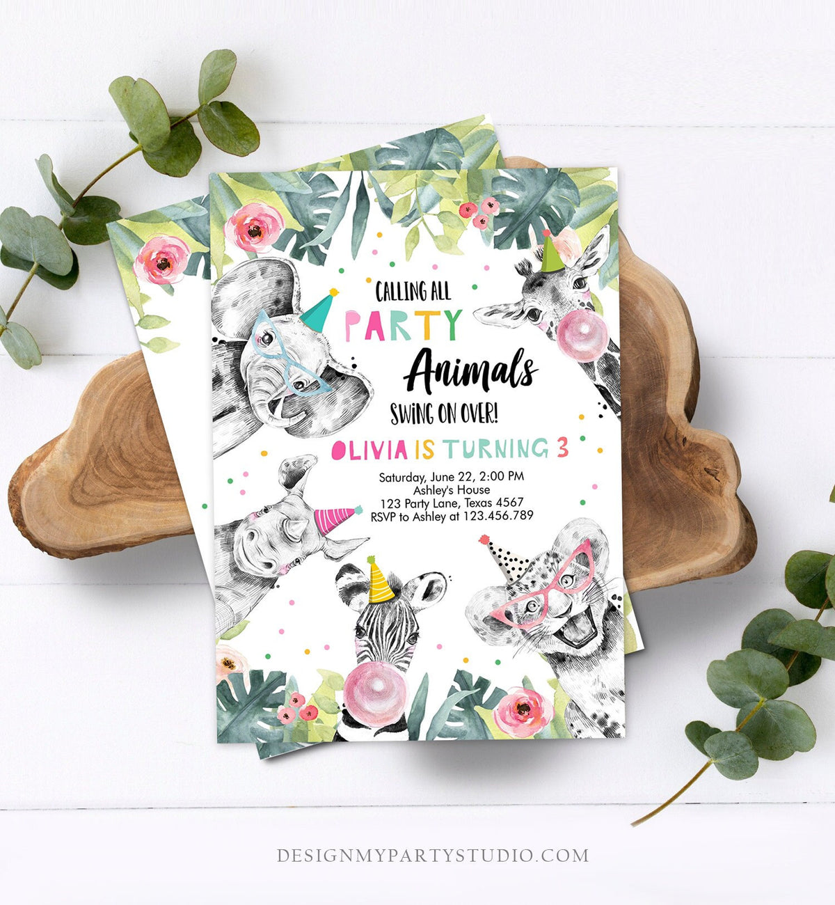 Editable Party Animals Birthday Invitation Wild One Animals Invitation Zoo Safari Animals Girl Download Printable Invite Template Corjl 0322