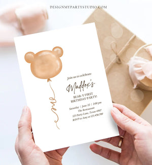 Editable Bear Birthday Invitation Bear Balloon Modern Teddy Bears Picnic Gender Neutral Boho Printable Template Instant Download Corjl 0439