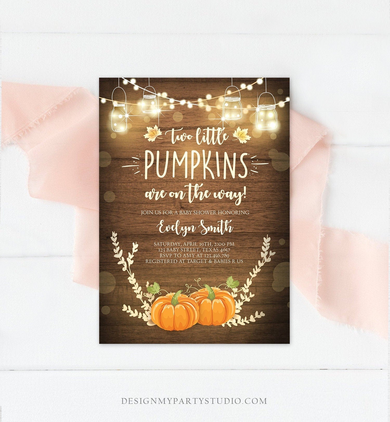 Editable Two Little Pumpkins Baby Shower Invitation Twins Orange Pumpkin Patch Autumn Fall Rustic Sprinkle Corjl Template Printable 0015