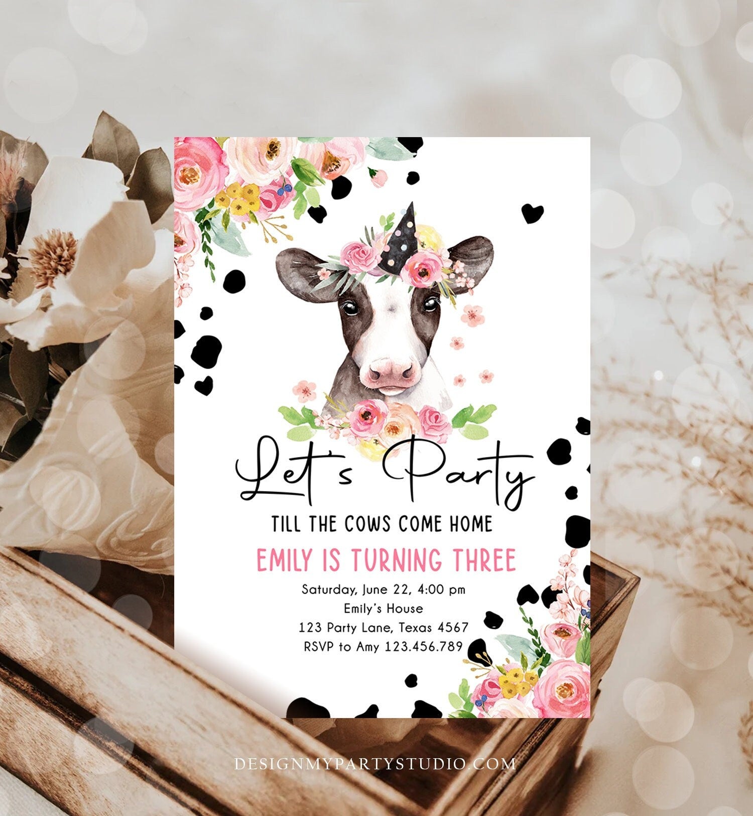 Editable Cow Birthday Invitation Girl Farm Animals Let's Party Till The Cows Come Home Holy Cow 1st Download Printable Template Corjl 0434