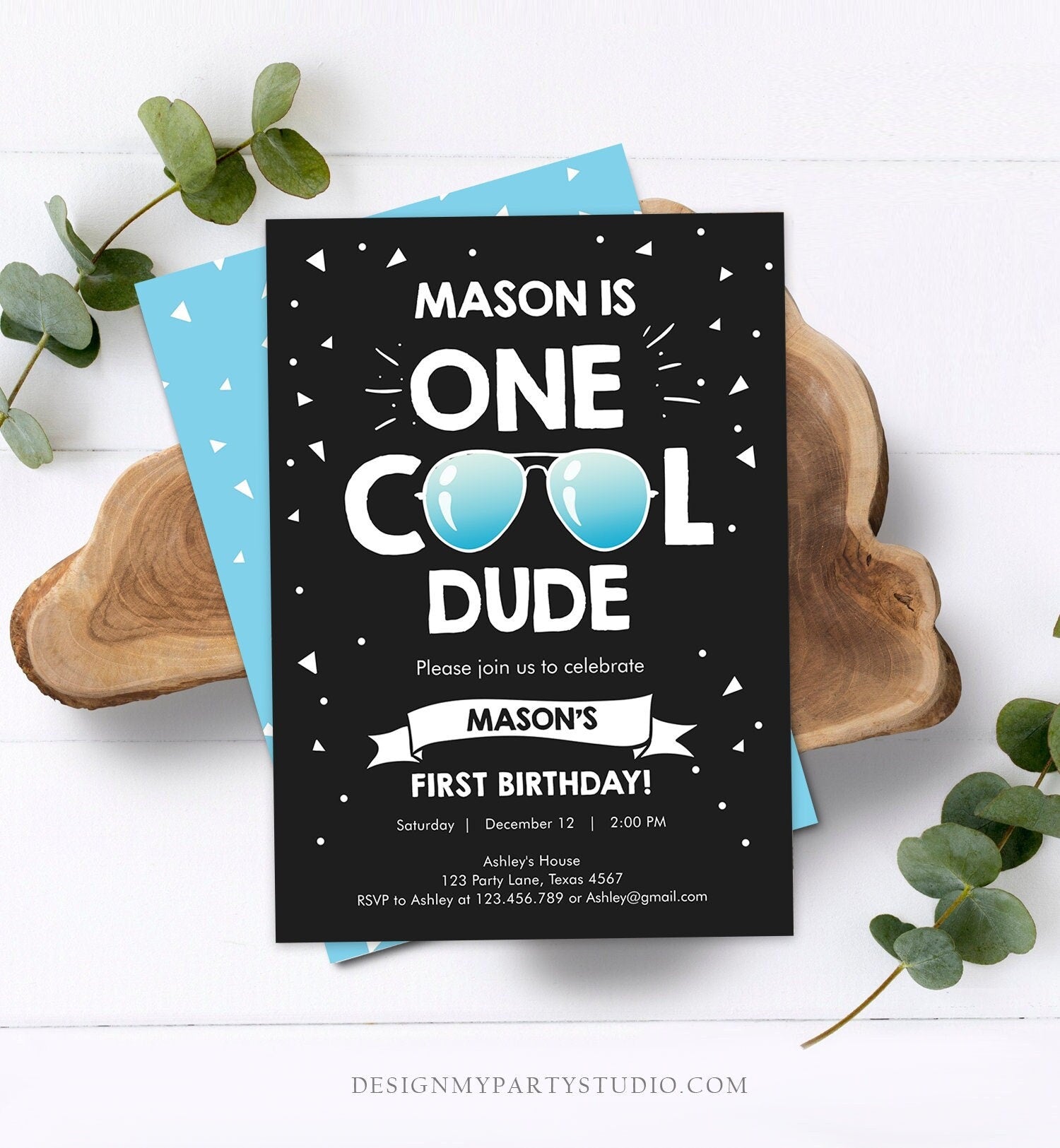 Editable One Cool Dude 1st Birthday Invitation Boy First Birthday Party Sunglasses Pilot Pool Cool One Printable Corjl Template 0136