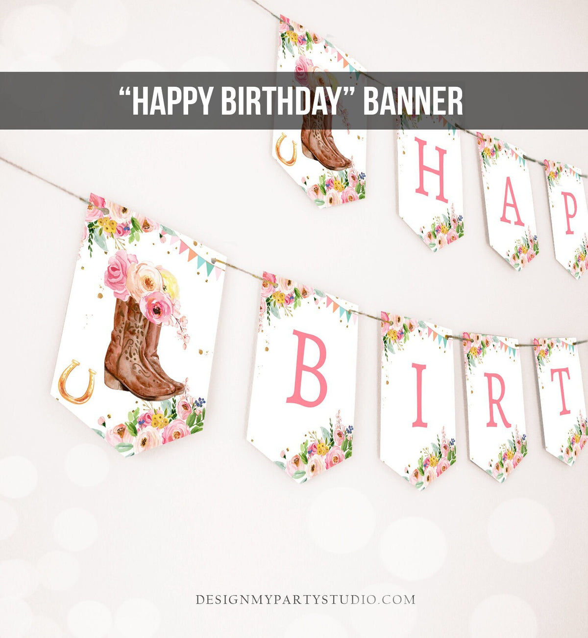 Happy Birthday Banner Cowgirl Birthday Banner Cowboy Boots Watercolor Cowgirl Party Girl Birthday Decor Download PRINTABLE DIGITAL DIY 0408