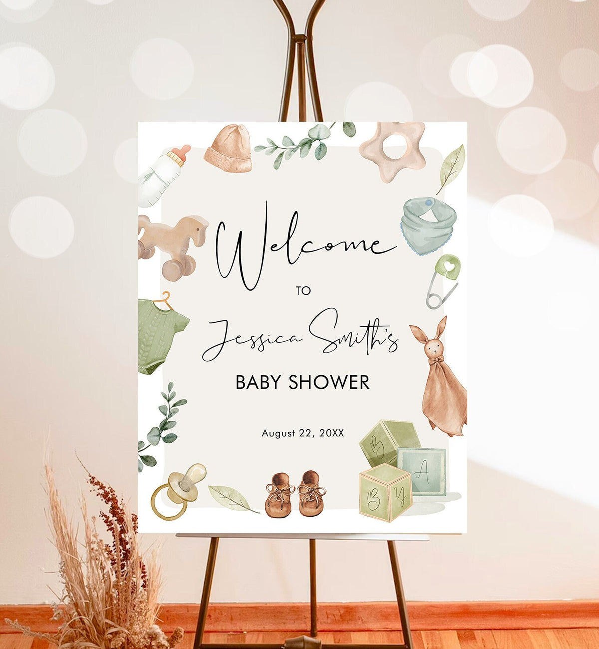 Editable Boho Baby Shower Welcome Sign Boy Baby Shower Neutral Baby Clothes Rustic Greenery Sage Green Instant Template PRINTABLE Corjl 0470