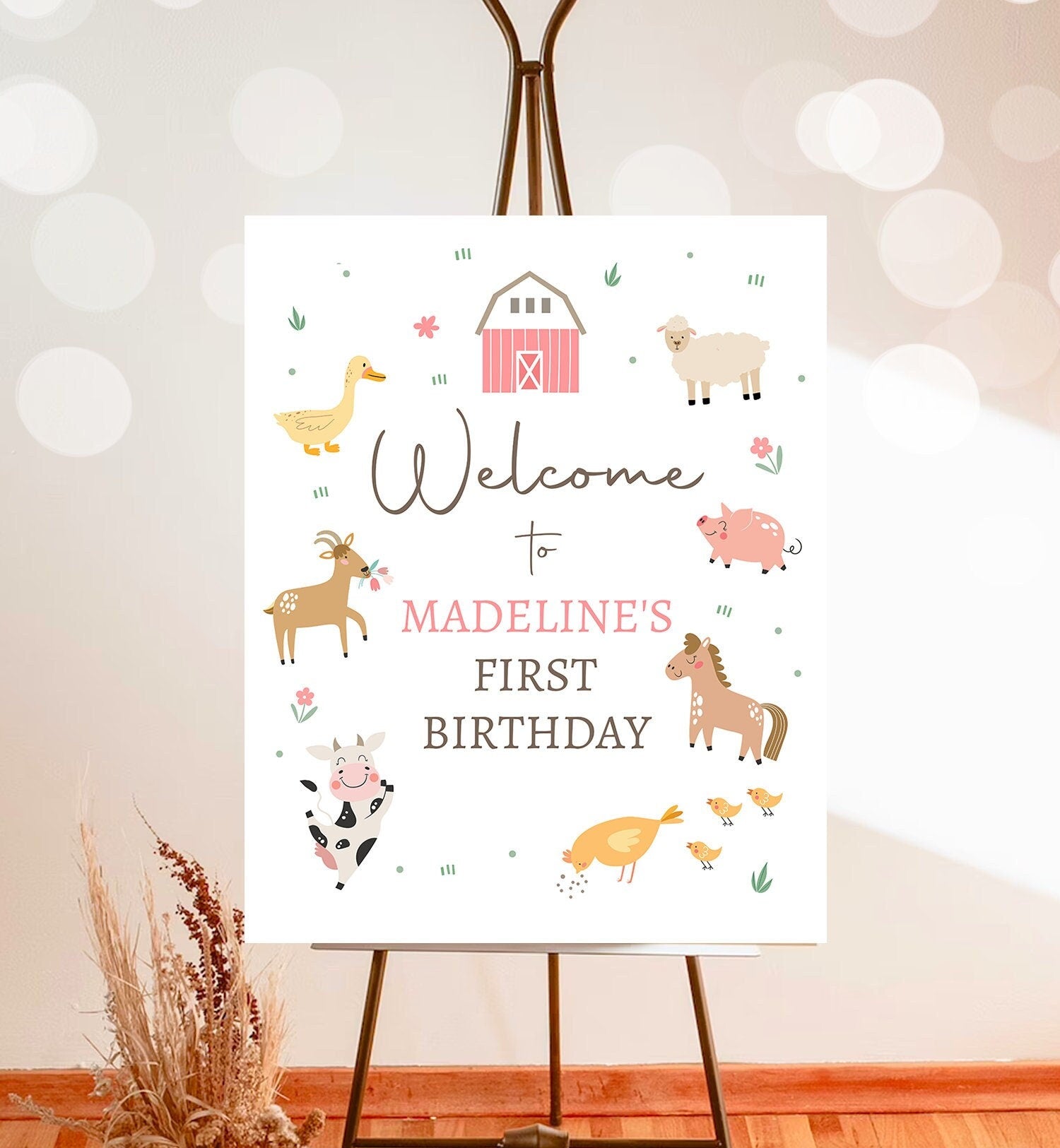 Editable Pink Farm Birthday Welcome Sign Barnyard Birthday Welcome Sign Farm Animals Birthday Sign Girl Modern Template Corjl PRINTABLE 0436