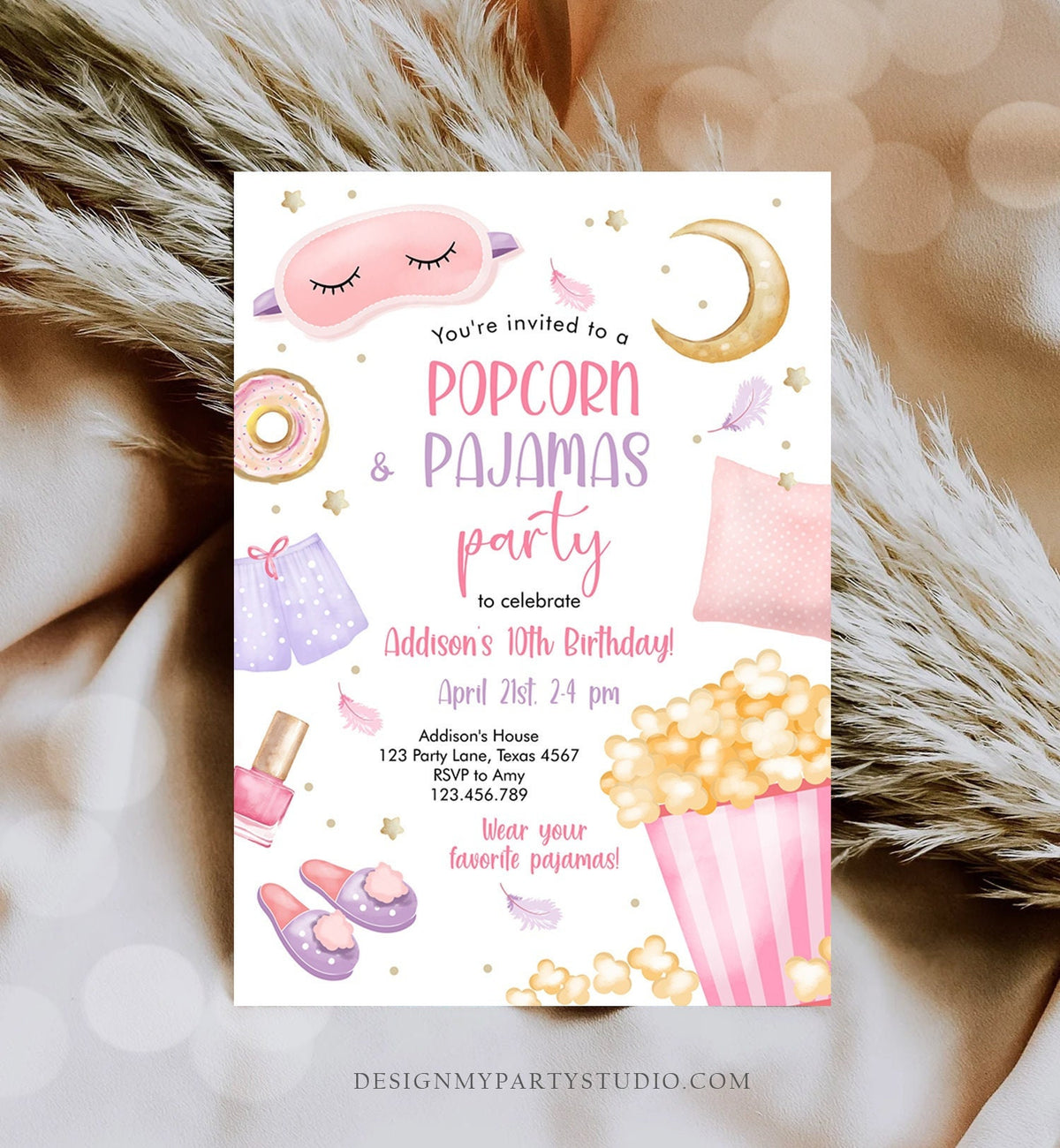 Editable Popcorn and Pajamas Birthday Invitation Movie Night Party Girl Pink Teen Tween Slumber Party Digital Corjl Template Printable 0447