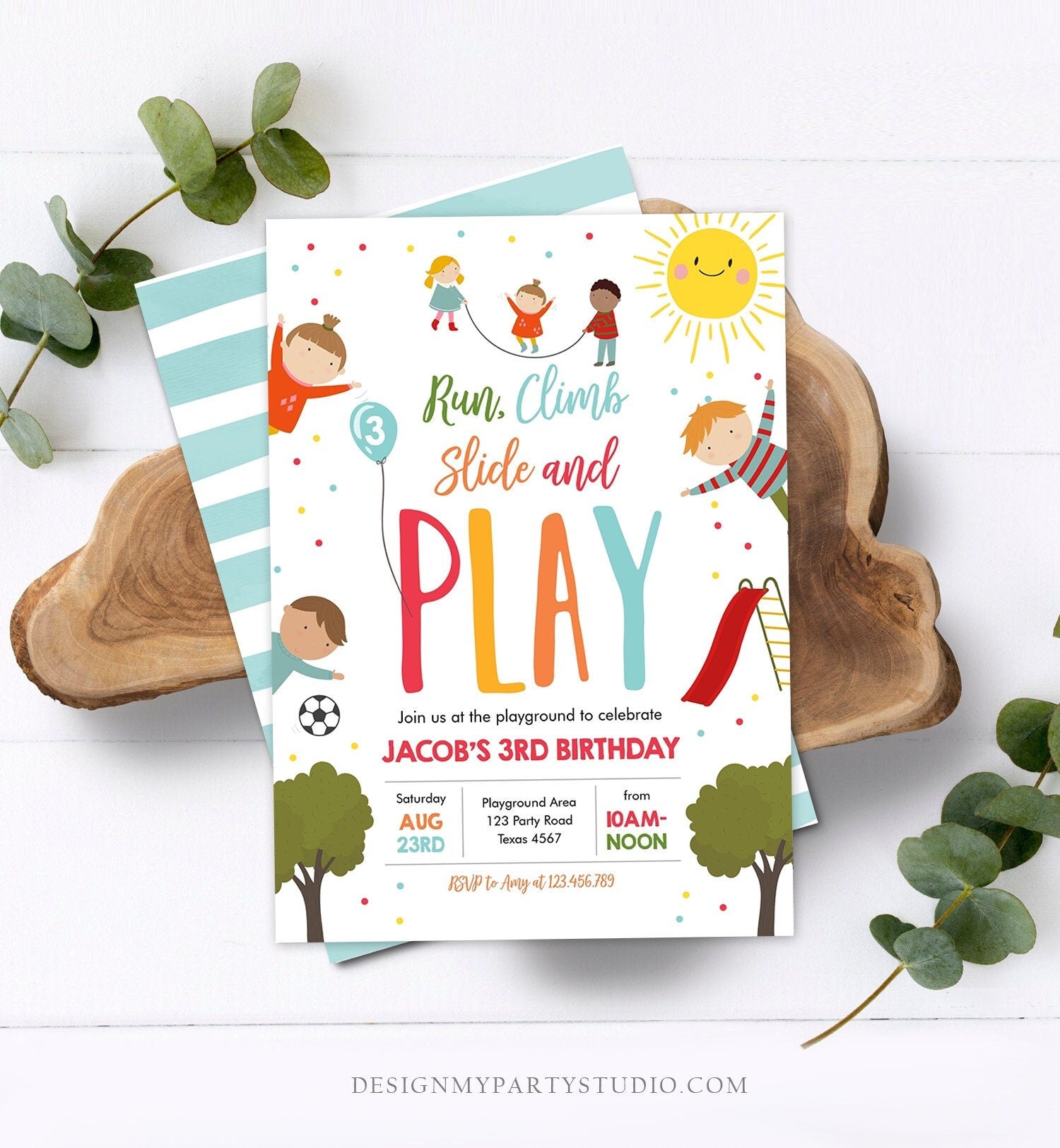 Editable Playground Birthday Invitation Party In The Park Boy Blue Run Climb Slide and Play Download Printable Template Corjl Digital 0327