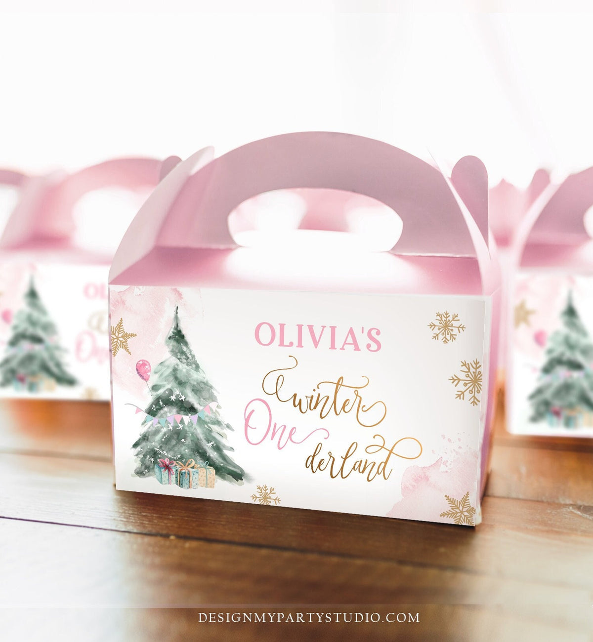 Editable Winter ONEderland Gable Gift Box Label Girl Birthday Treat Label Gold Snow Tree Christmas Snowflake Download Printable Corjl 0363