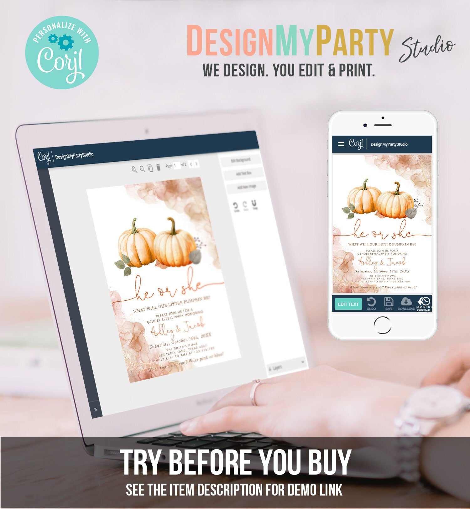 Editable Pumpkin Gender Reveal Invitation He or She Gender Neutral Boy or Girl Little Pumpkin Fall Boho Autumn Halloween Template Corjl 0489