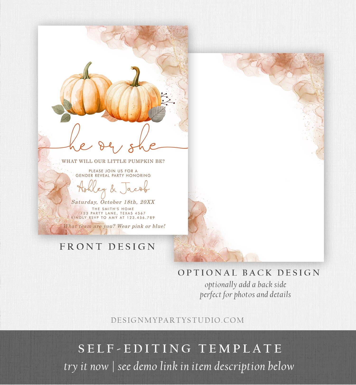 Editable Pumpkin Gender Reveal Invitation He or She Gender Neutral Boy or Girl Little Pumpkin Fall Boho Autumn Halloween Template Corjl 0489