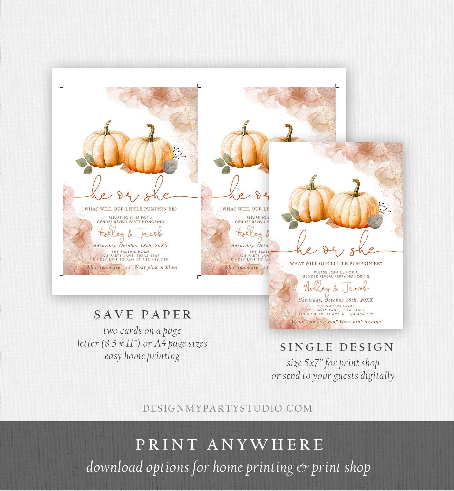 Editable Pumpkin Gender Reveal Invitation He or She Gender Neutral Boy or Girl Little Pumpkin Fall Boho Autumn Halloween Template Corjl 0489