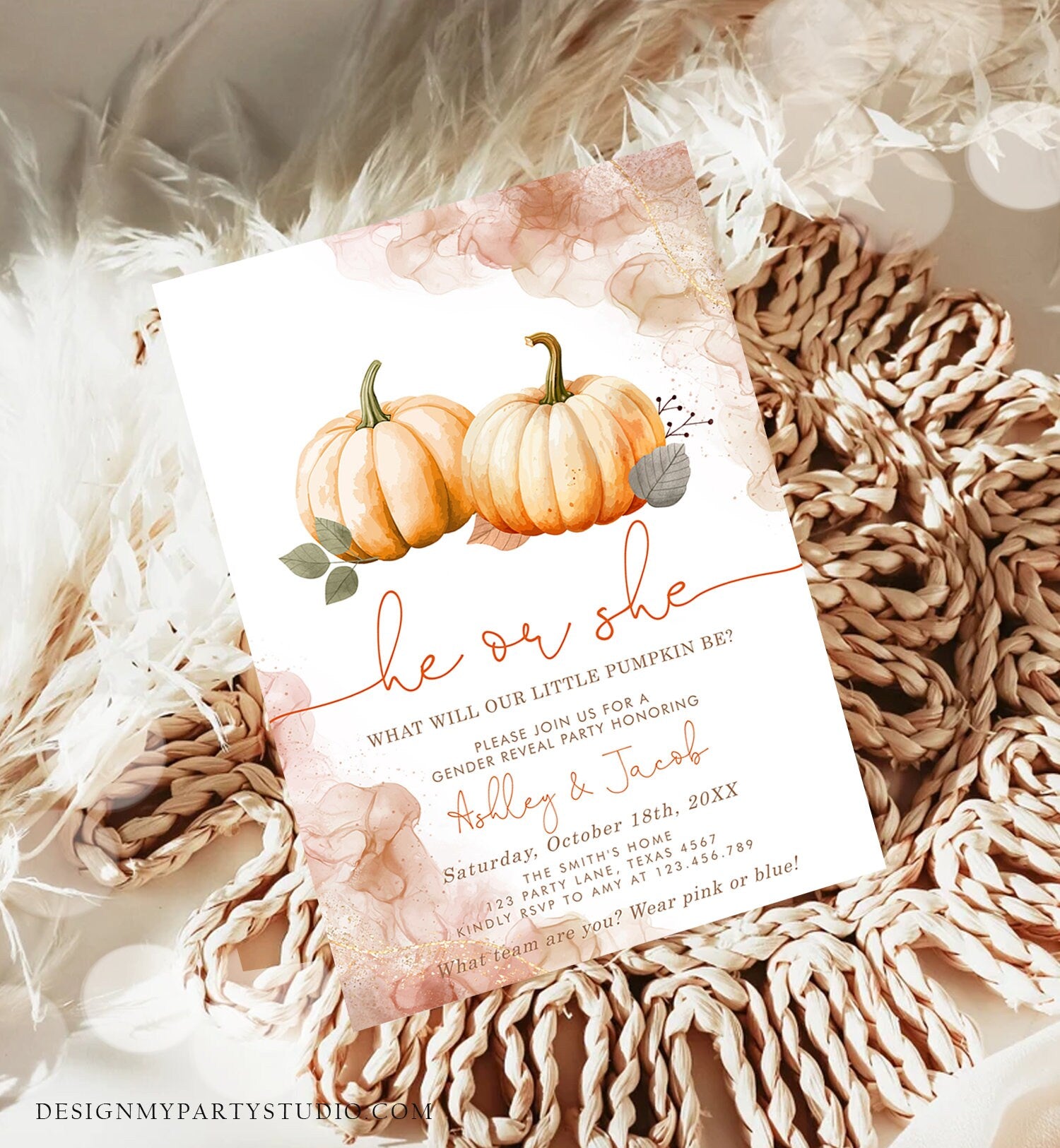 Editable Pumpkin Gender Reveal Invitation He or She Gender Neutral Boy or Girl Little Pumpkin Fall Boho Autumn Halloween Template Corjl 0489