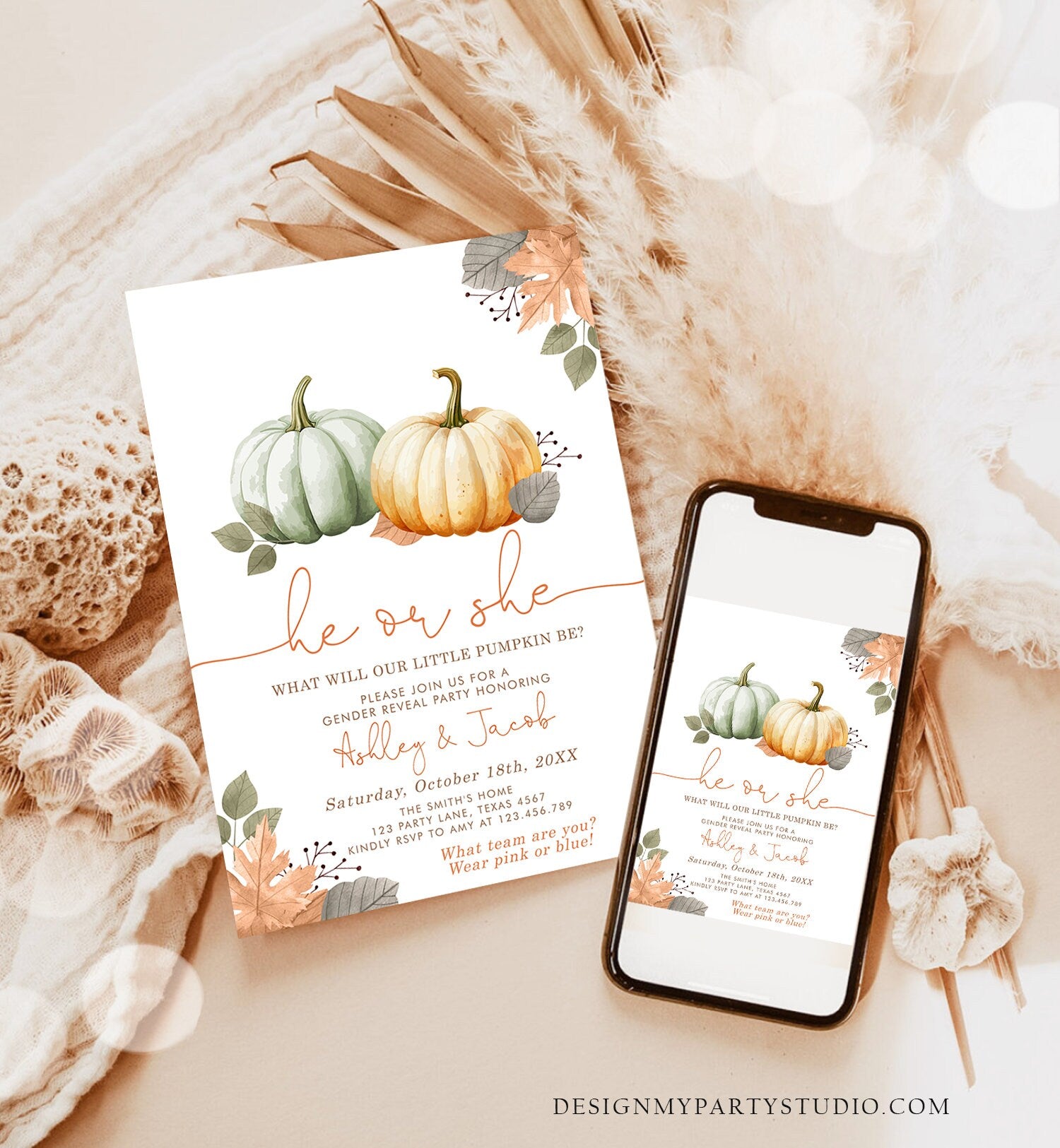 Editable Pumpkin Gender Reveal Invitation He or She Gender Neutral Boy or Girl Little Pumpkin Fall Boho Autumn Halloween Template Corjl 0489