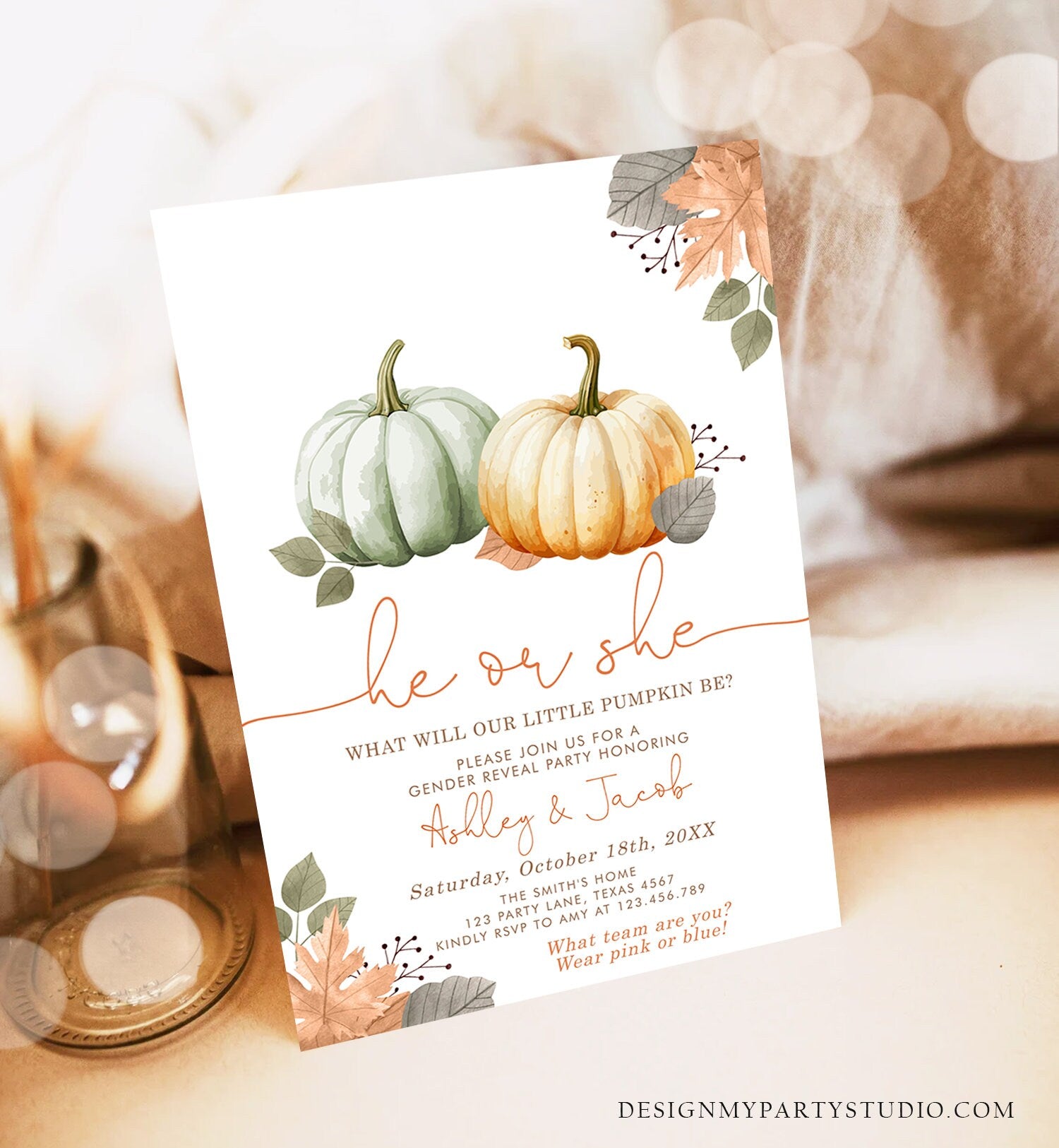 Editable Pumpkin Gender Reveal Invitation He or She Gender Neutral Boy or Girl Little Pumpkin Fall Boho Autumn Halloween Template Corjl 0489