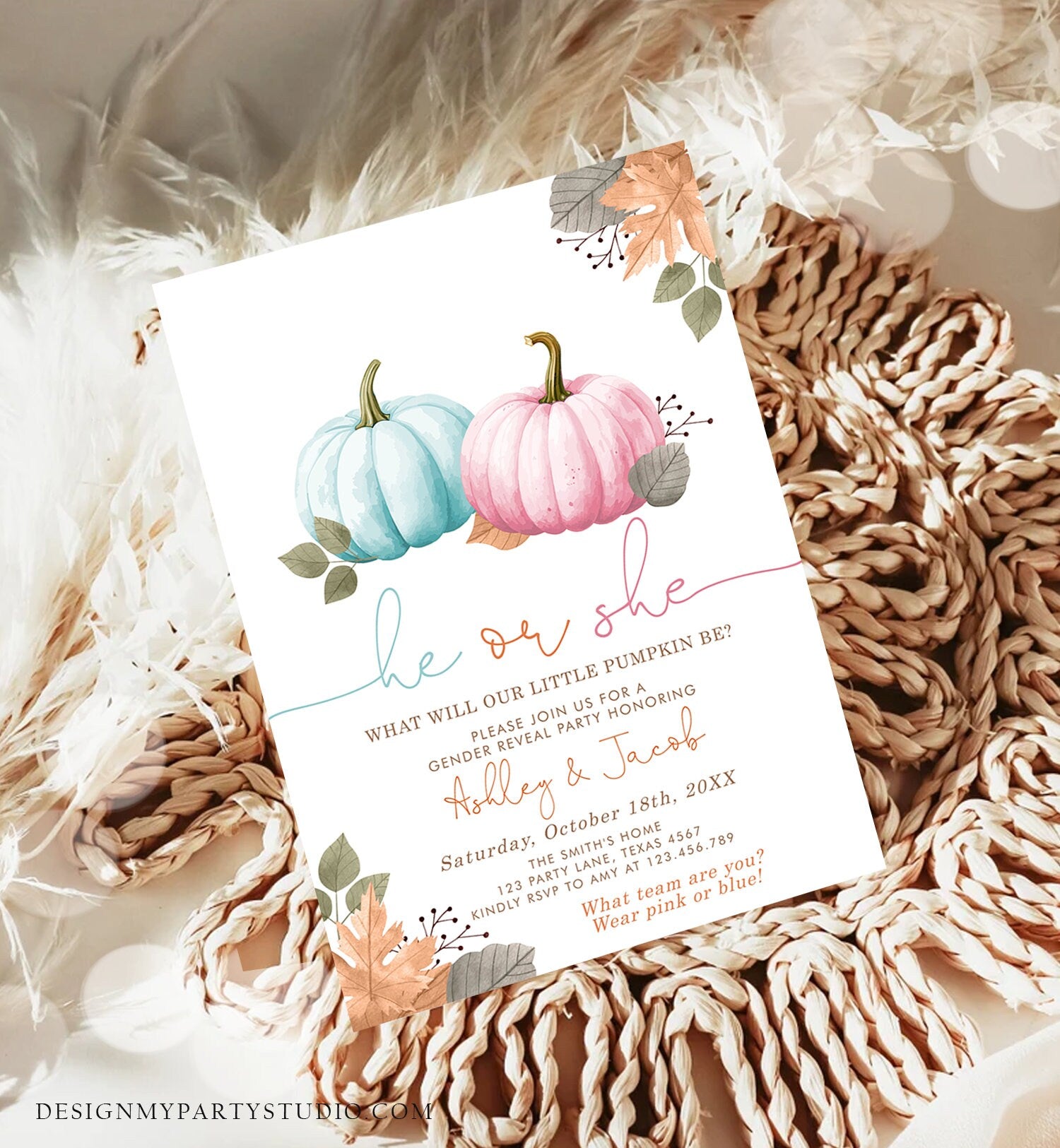 Editable Pumpkin Gender Reveal Invitation He or She Pink or Blue Boy or Girl Little Pumpkin Fall Boho Autumn Halloween Template Corjl 0489