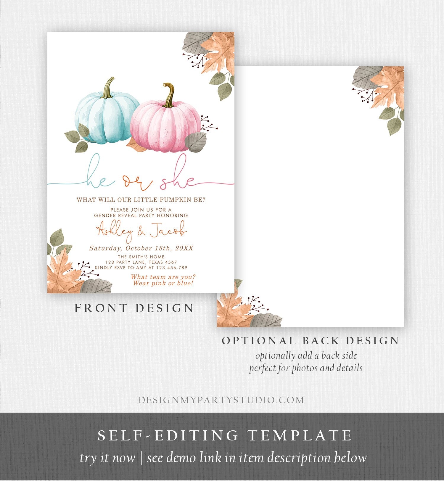 Editable Pumpkin Gender Reveal Invitation He or She Pink or Blue Boy or Girl Little Pumpkin Fall Boho Autumn Halloween Template Corjl 0489