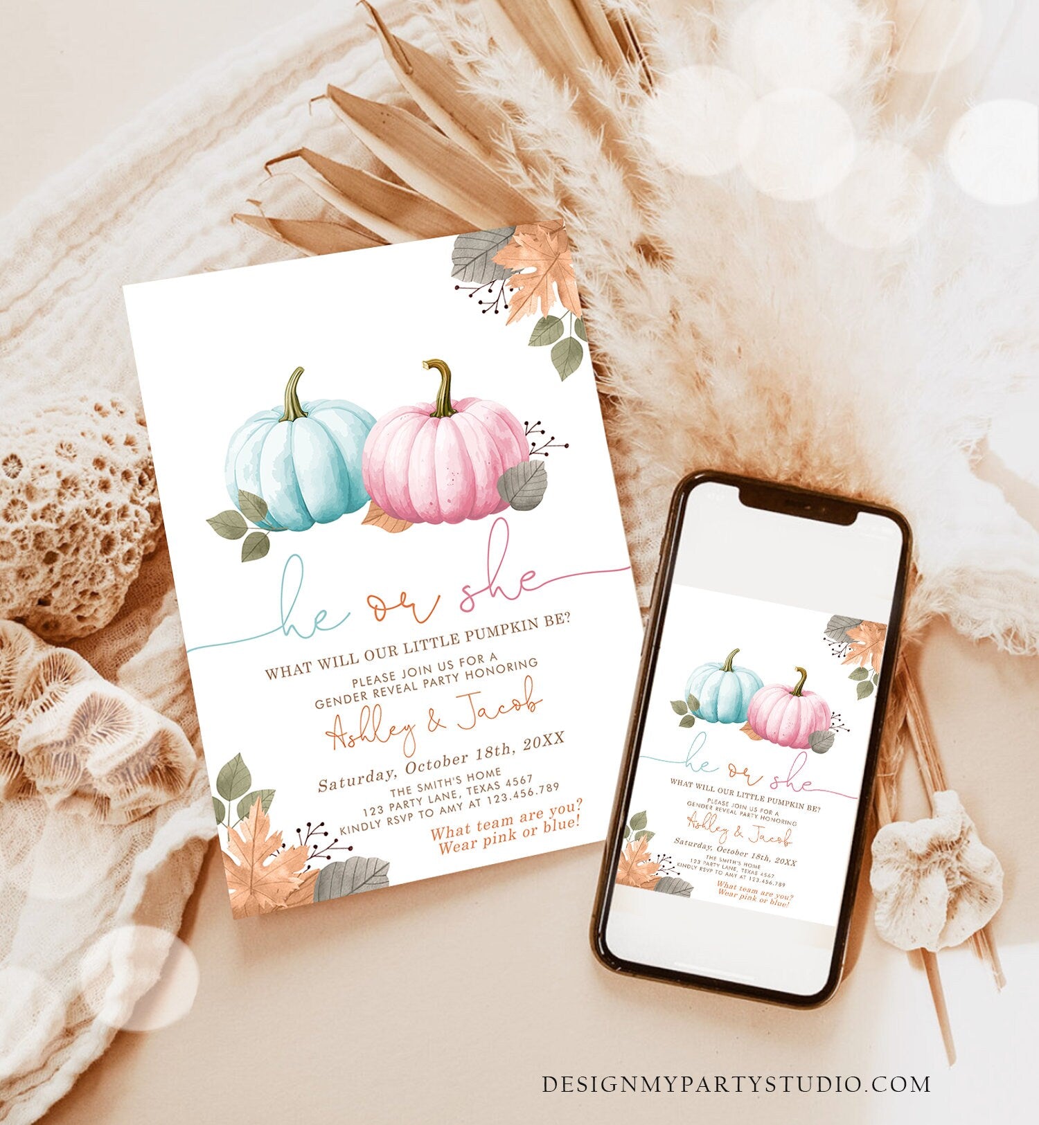 Editable Pumpkin Gender Reveal Invitation He or She Pink or Blue Boy or Girl Little Pumpkin Fall Boho Autumn Halloween Template Corjl 0489