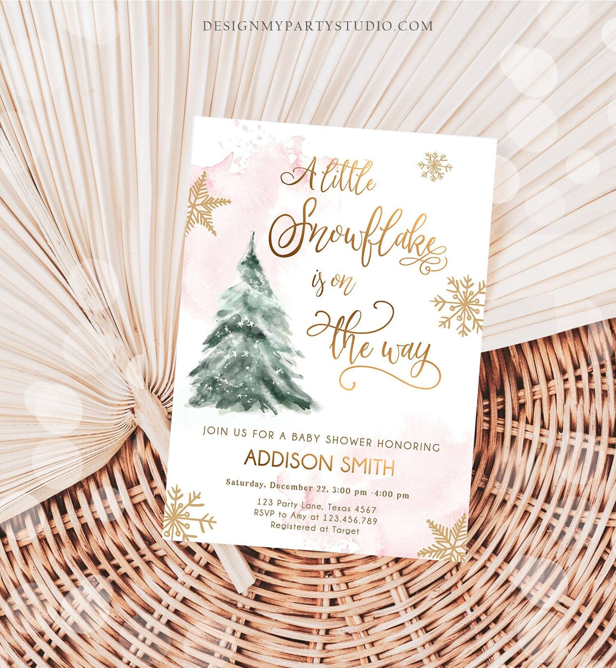 Editable A Little Snowflake is on the Way Baby Shower Invitation Winter Girl Blush Pink Snow Watercolor Tree Download Corjl Template 0363