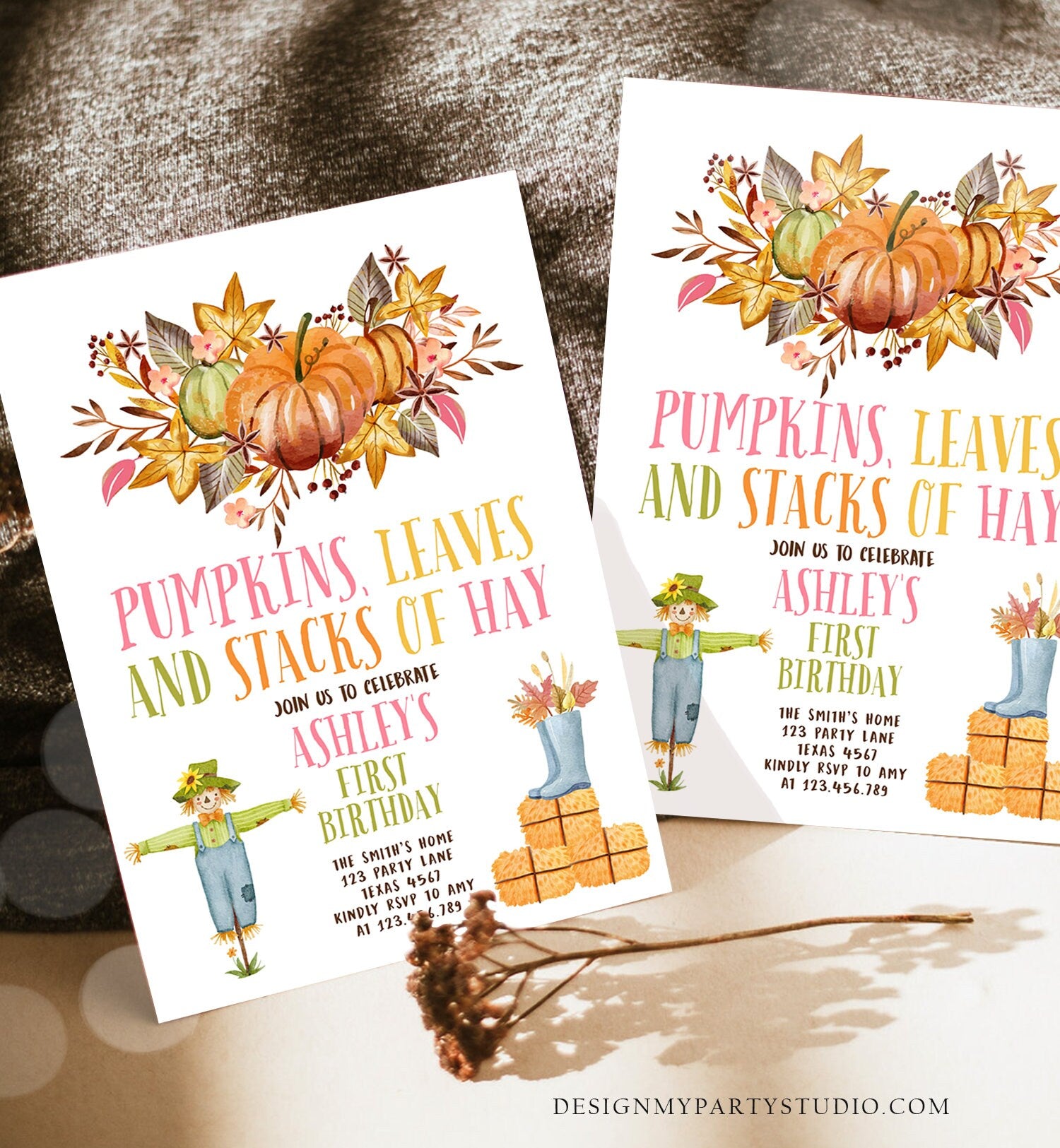 Editable Pumpkin Birthday Invitation Fall Harvest Girl Pink Autumn 1st Birthday Pumpkin Party Fall Digital Download Template Printable 0488